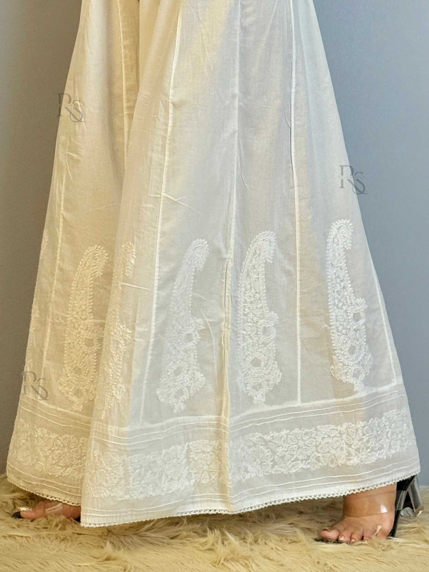 White cotton chikankari palazzo with hand embroidery – dyable bottom wear