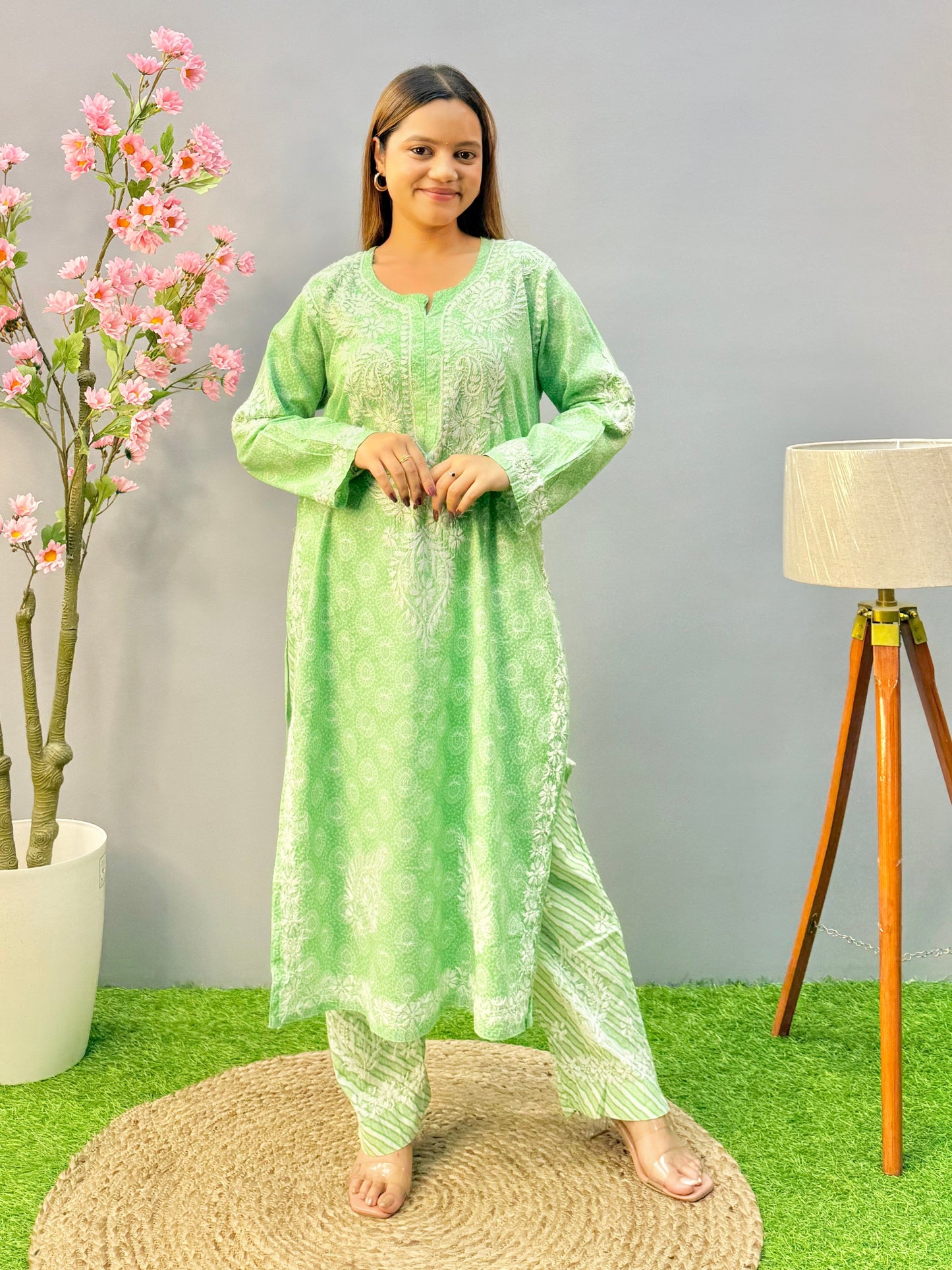 Mint green printed mulmul Lucknow Chikankari kurta and pant set