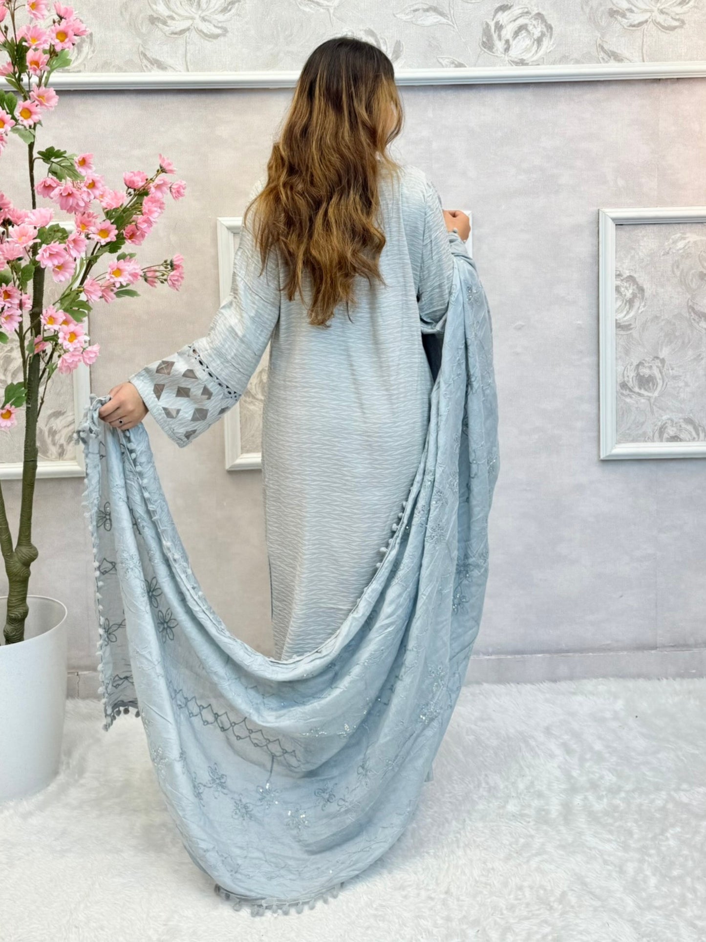 Pastel grey rayon designer suit with handwork kurta, matching pant and chanderi dupatta featuring tassel detailing – stylish and elegant look