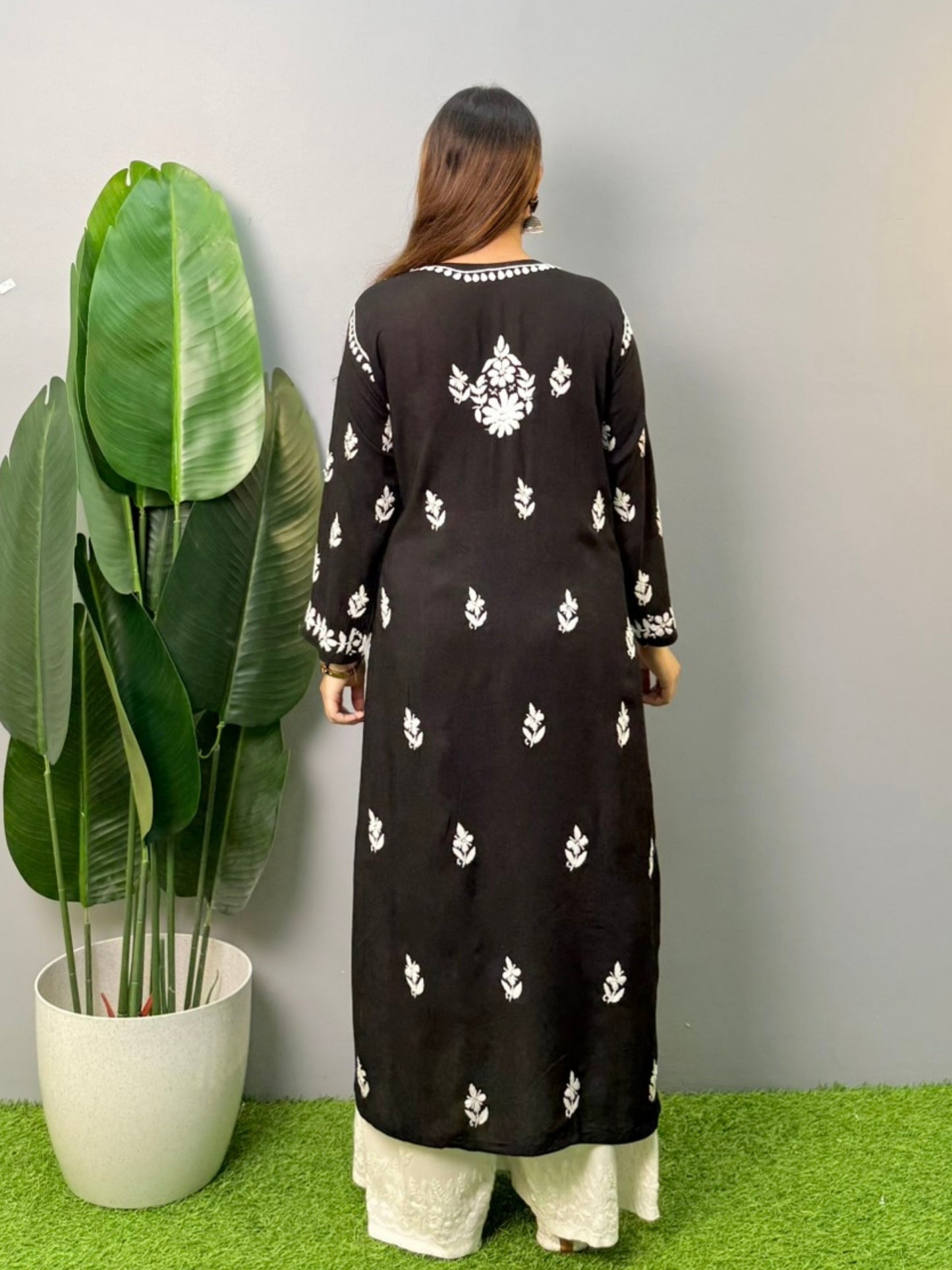 Black modal chikankari kurta with white hand embroidery – soft and comfortable