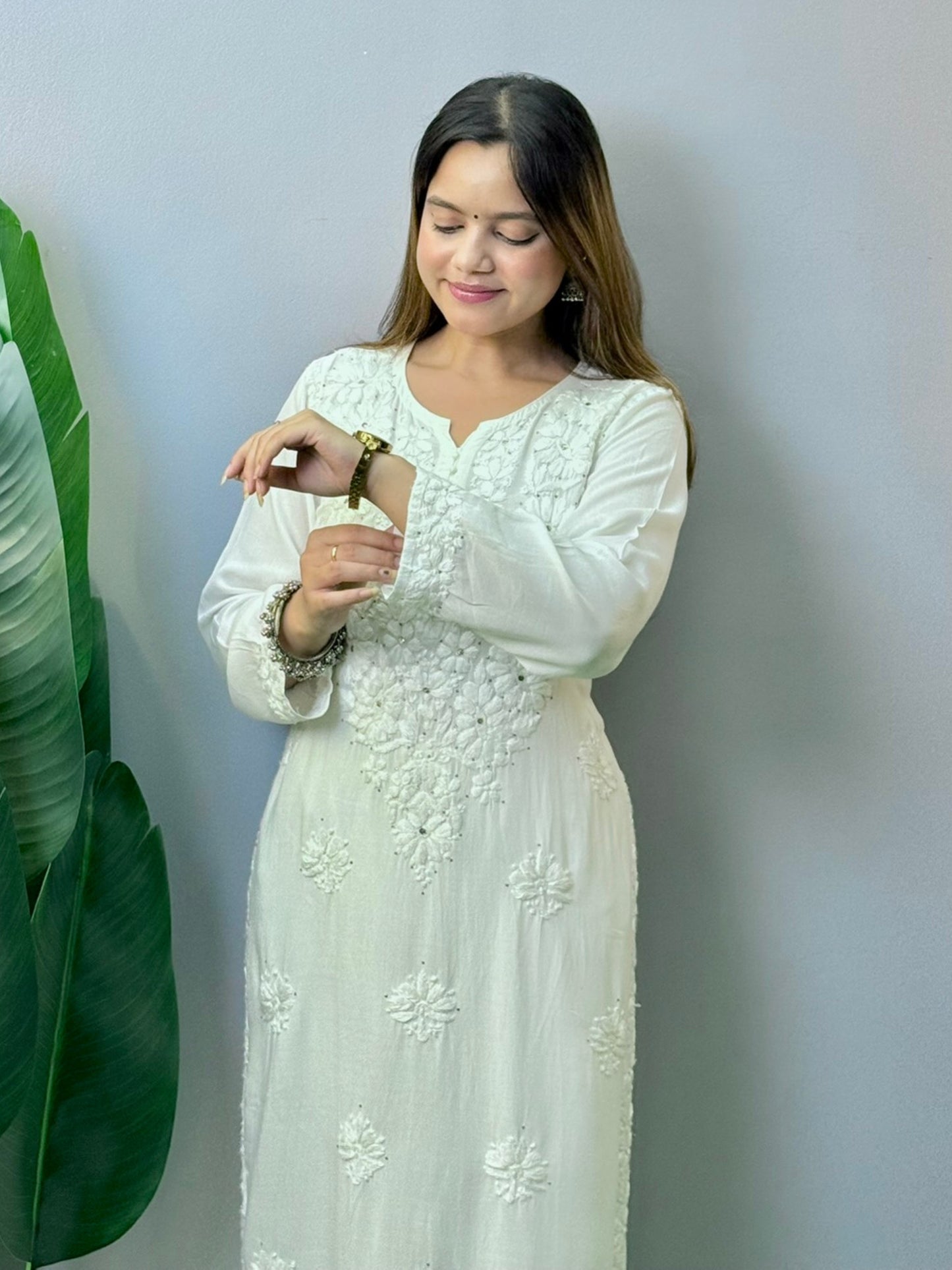 White rayon Chikankari kurta with Mukaish and hand embroidery – soft, comfortable, and dyable ethnic wear