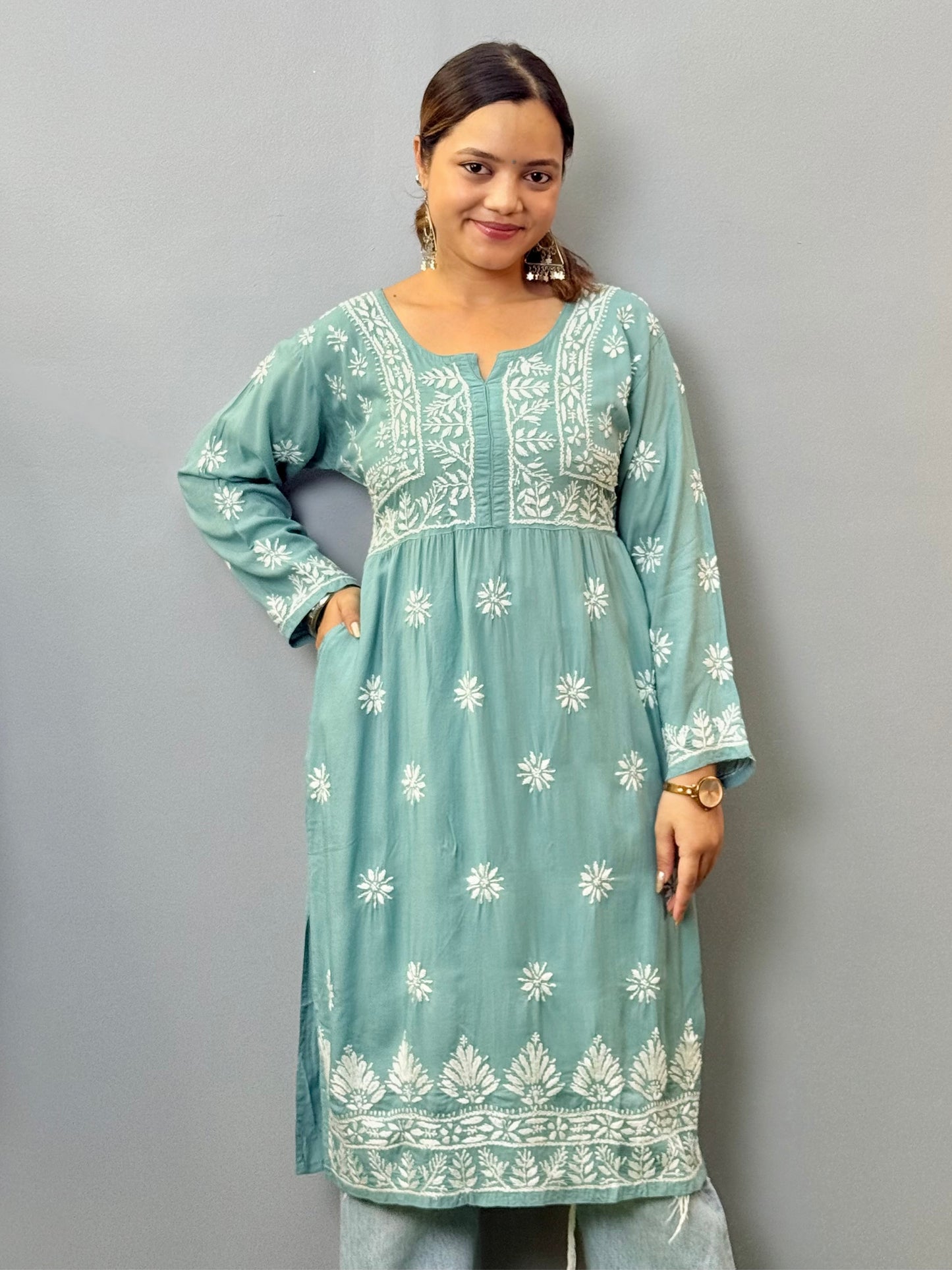 Lucknow Chikankari Teal Blue Modal Kurta with Side Pockets – Hand Embroidery