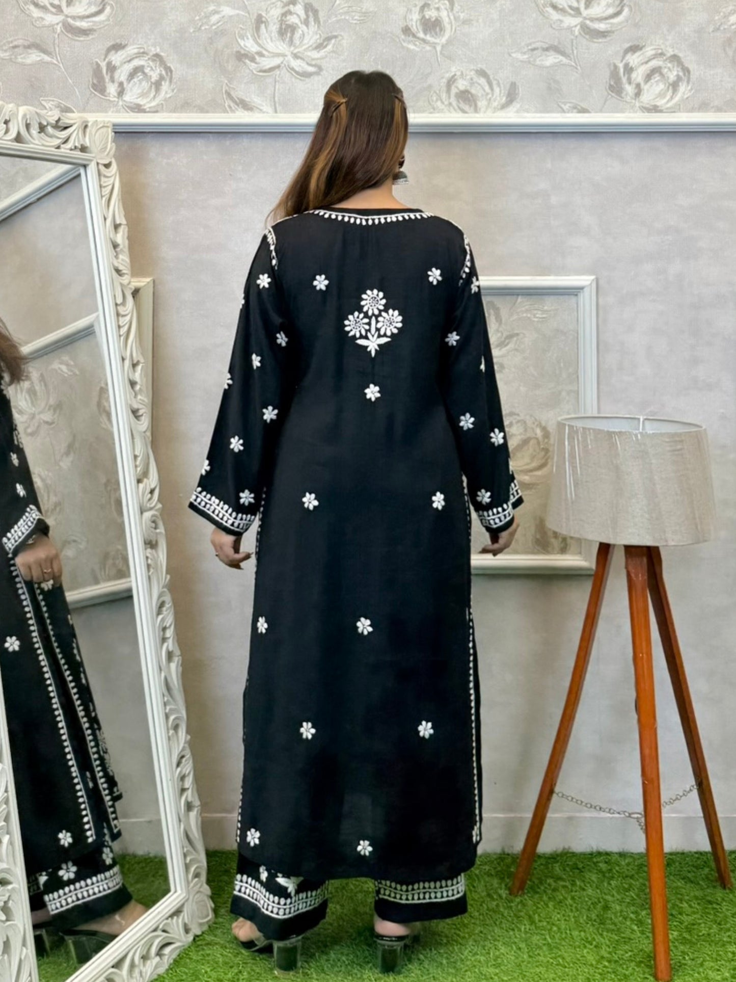 Black Norway silk Lucknowi Chikankari kurta and pant set with white hand embroidery