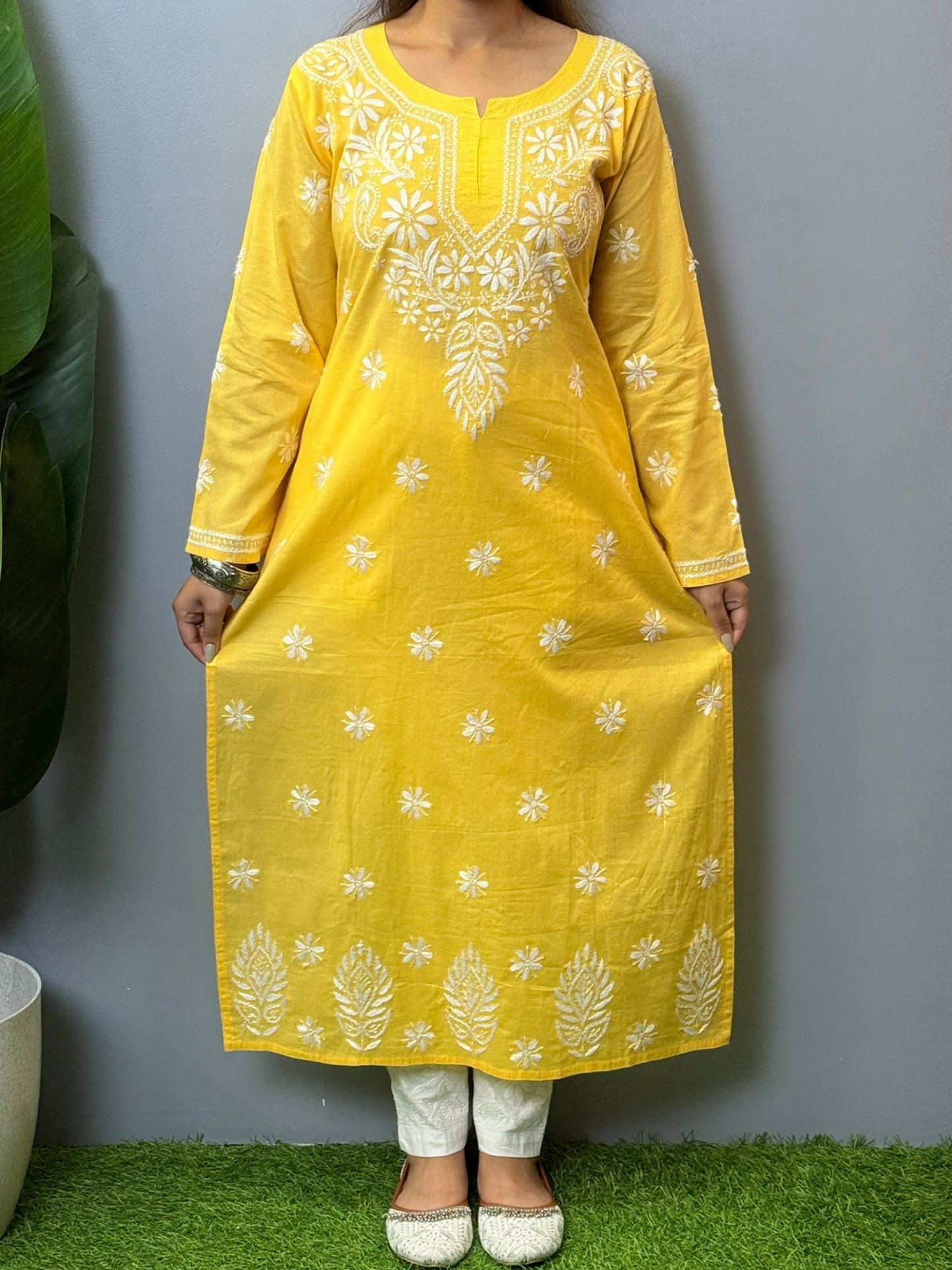 Sunshine yellow cotton Chikankari kurta with white floral hand embroidery – summer casual ethnic wear