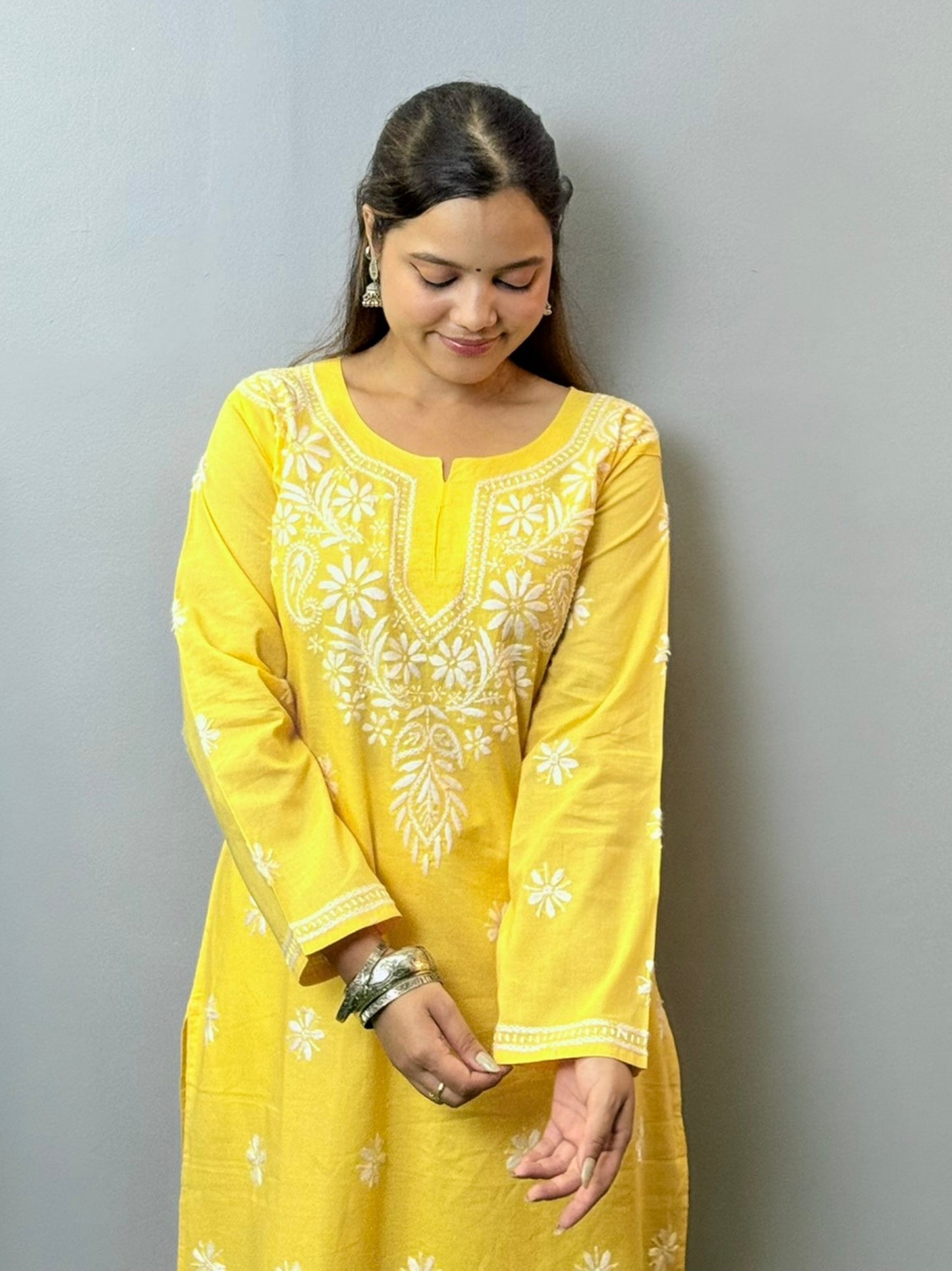 Sunshine yellow cotton Chikankari kurta with white floral hand embroidery – summer casual ethnic wear