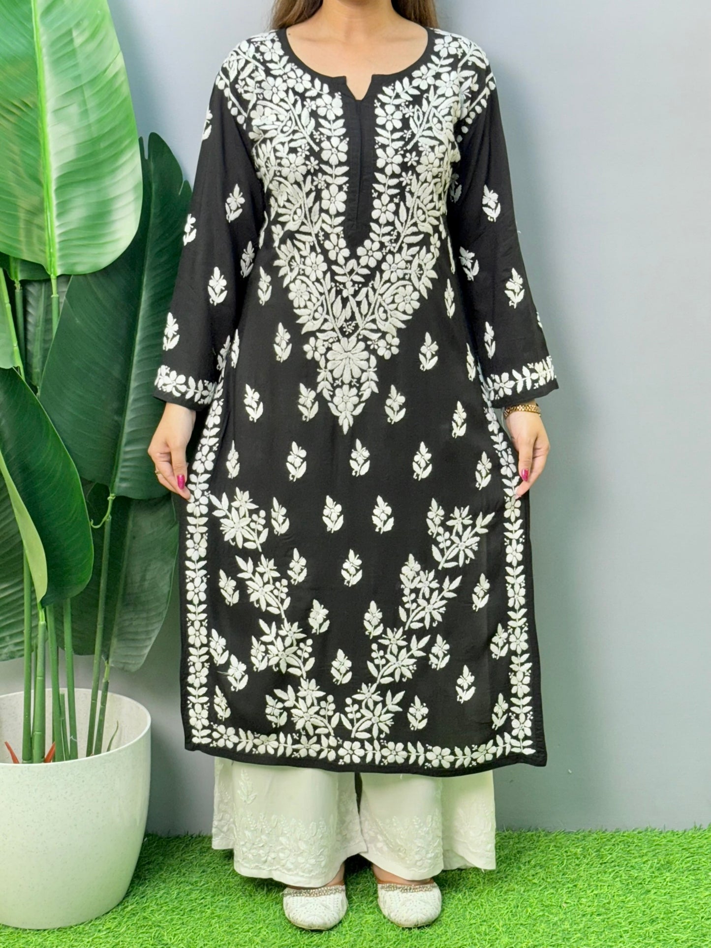 Black modal chikankari kurta with white hand embroidery – soft and comfortable