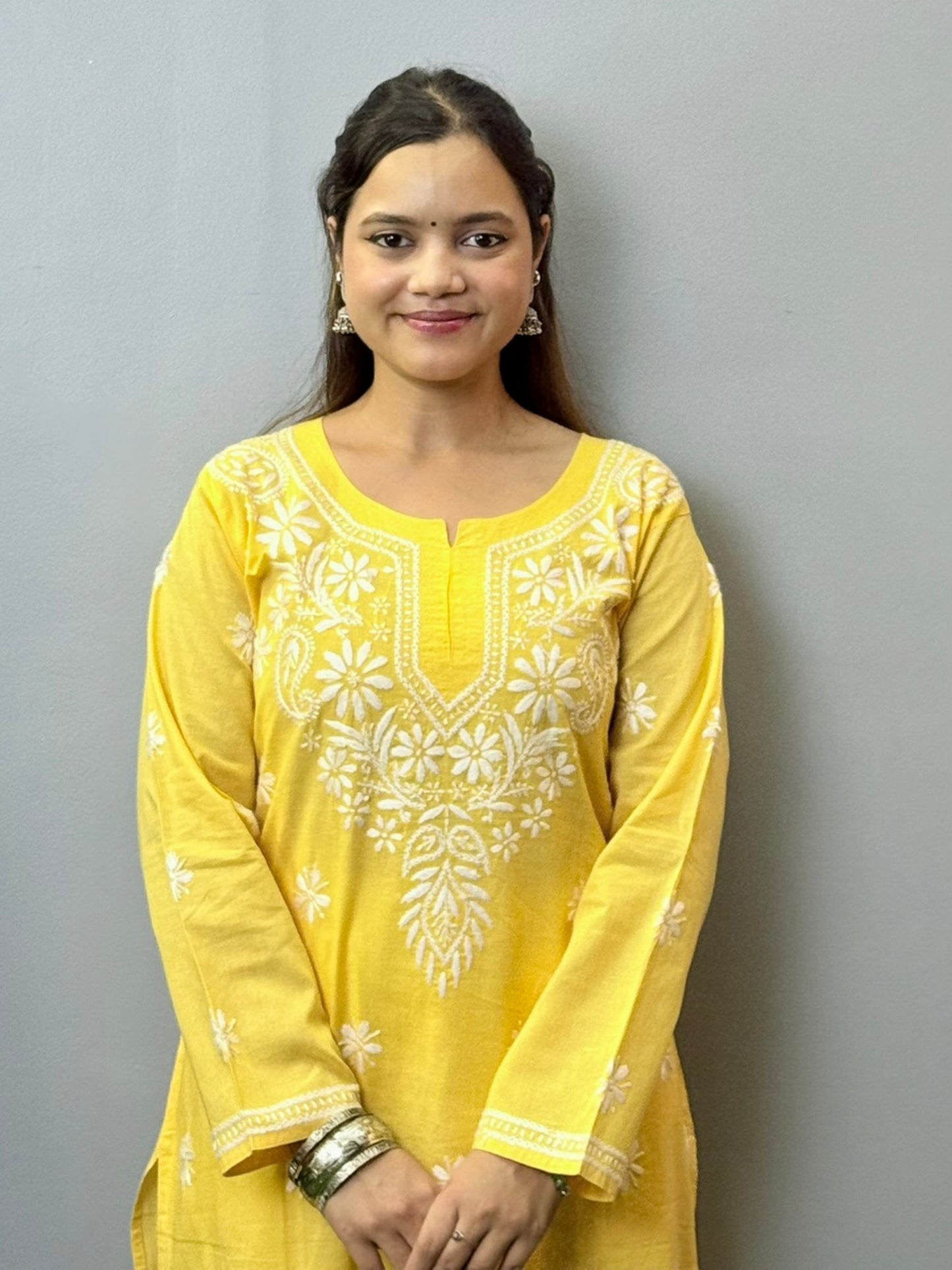 Sunshine yellow cotton Chikankari kurta with white floral hand embroidery – summer casual ethnic wear
