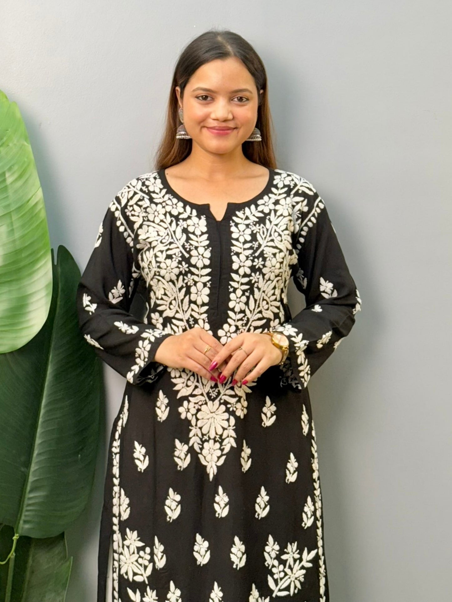 Black modal chikankari kurta with white hand embroidery – soft and comfortable
