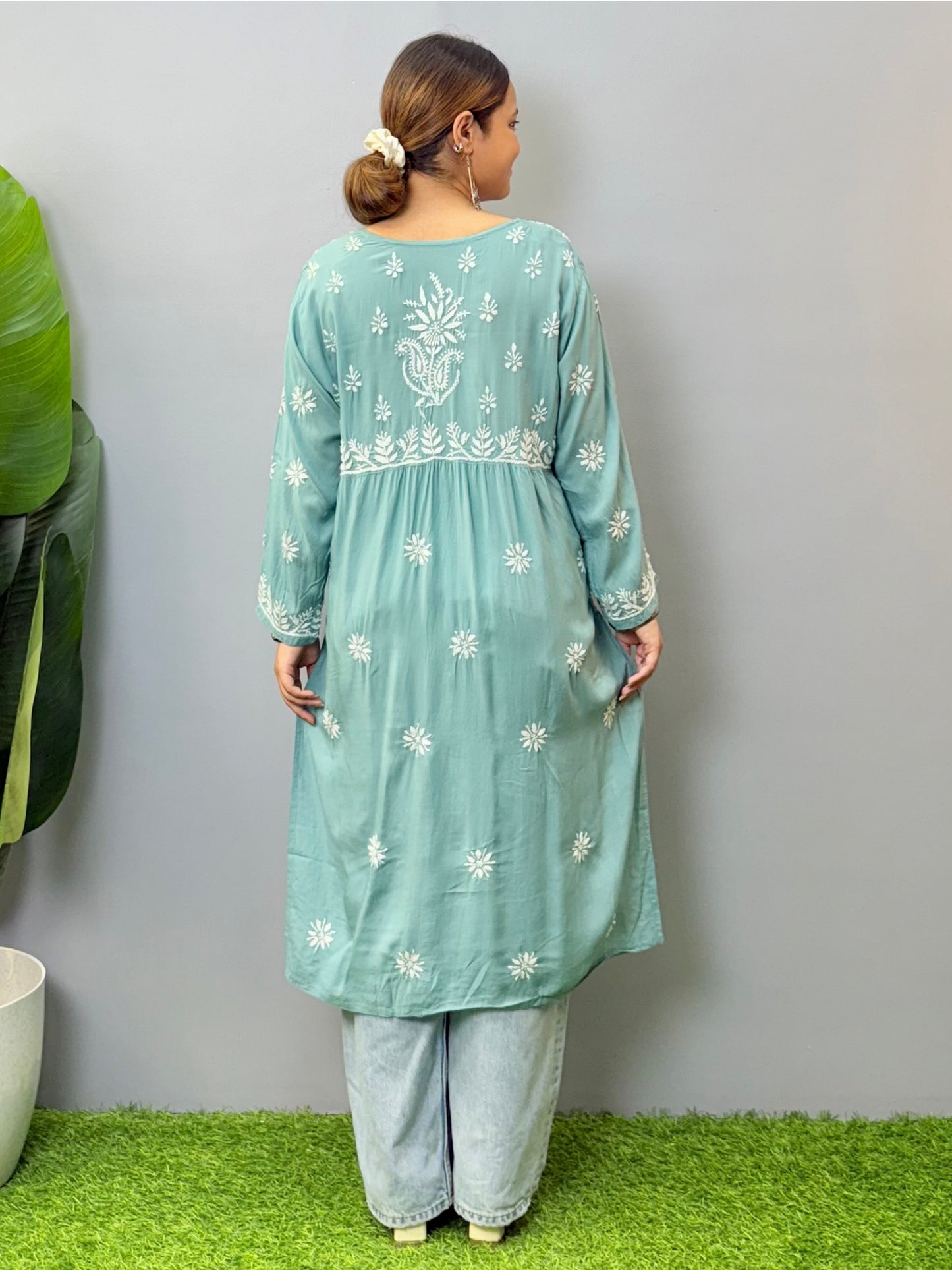 Lucknow Chikankari Teal Blue Modal Kurta with Side Pockets – Hand Embroidery