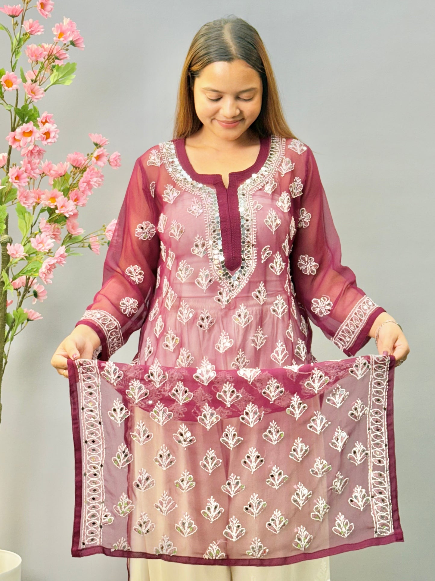 Wine georgette Lucknow Chikankari kurta with mirror work and hand embroidery