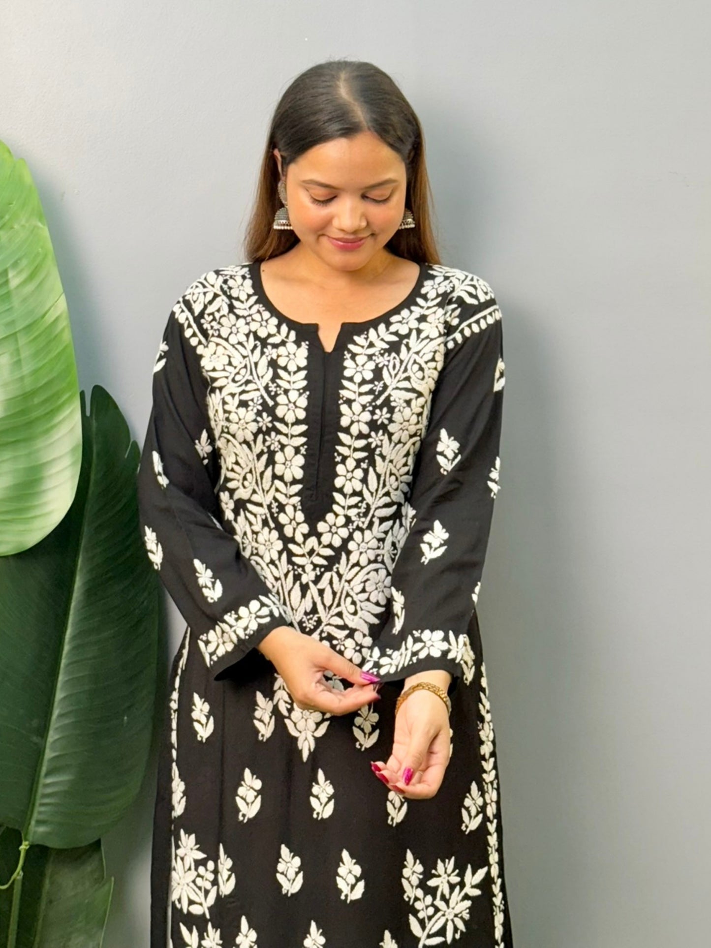 Black modal chikankari kurta with white hand embroidery – soft and comfortable