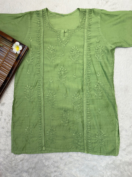 Olive green chanderi chikankari short kurta with hand embroidery