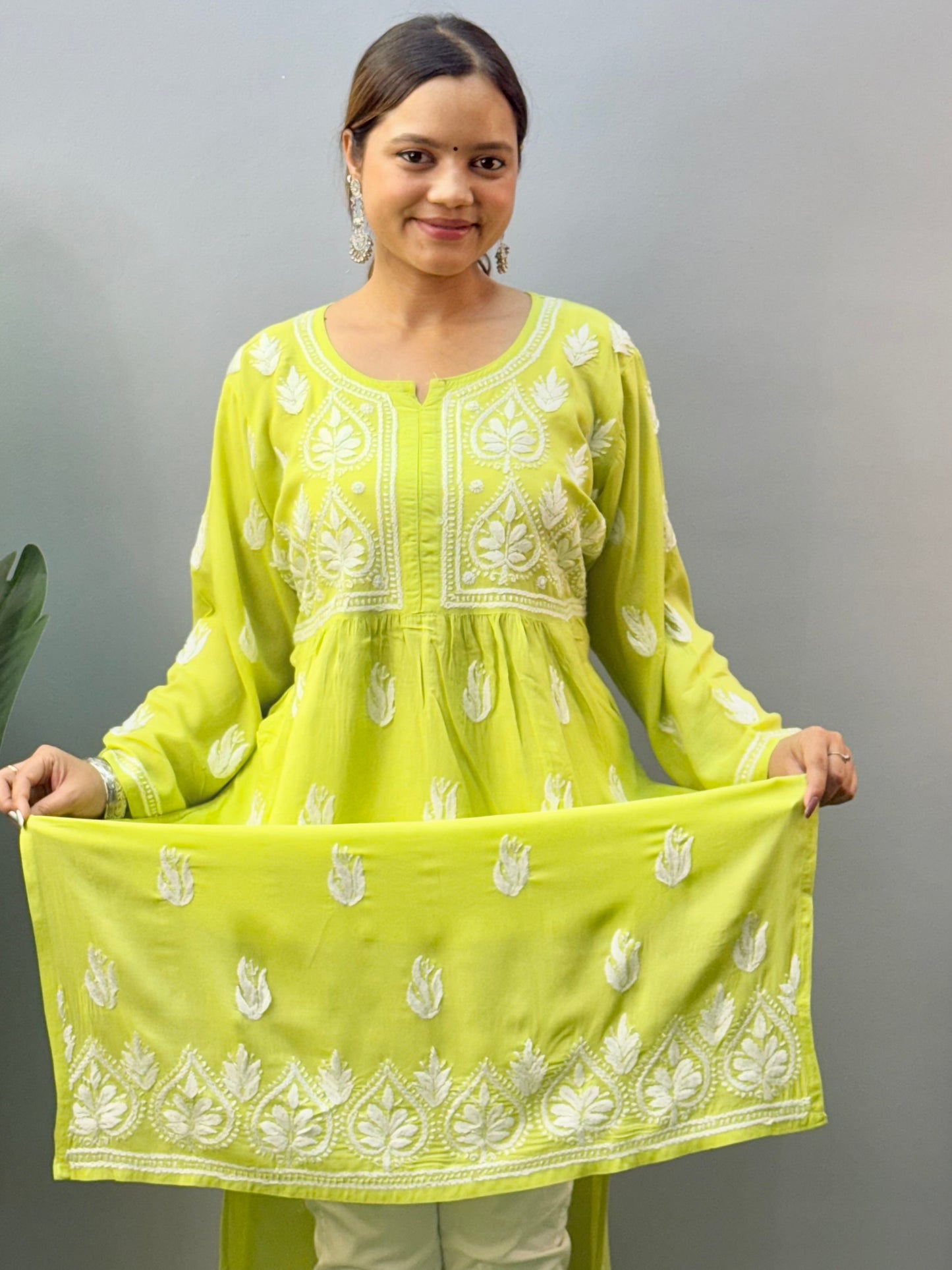 Lucknow Chikankari lime green modal kurta with hand embroidery and both-side pocket design