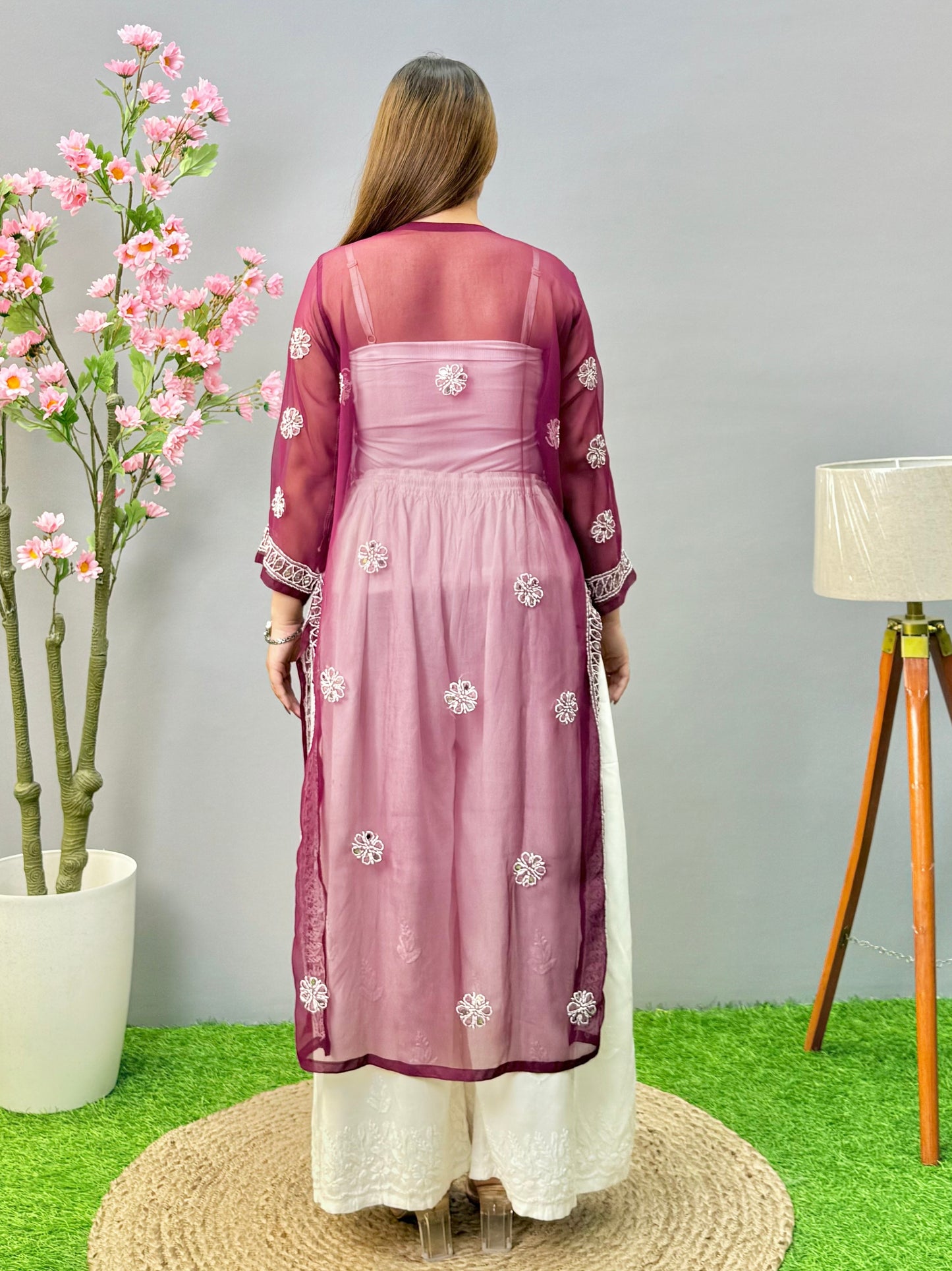 Wine georgette Lucknow Chikankari kurta with mirror work and hand embroidery