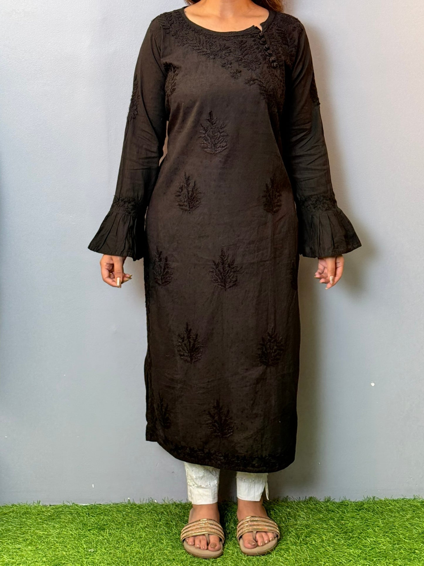 Black dobby cotton chikankari kurta with hand embroidery and bell sleeves