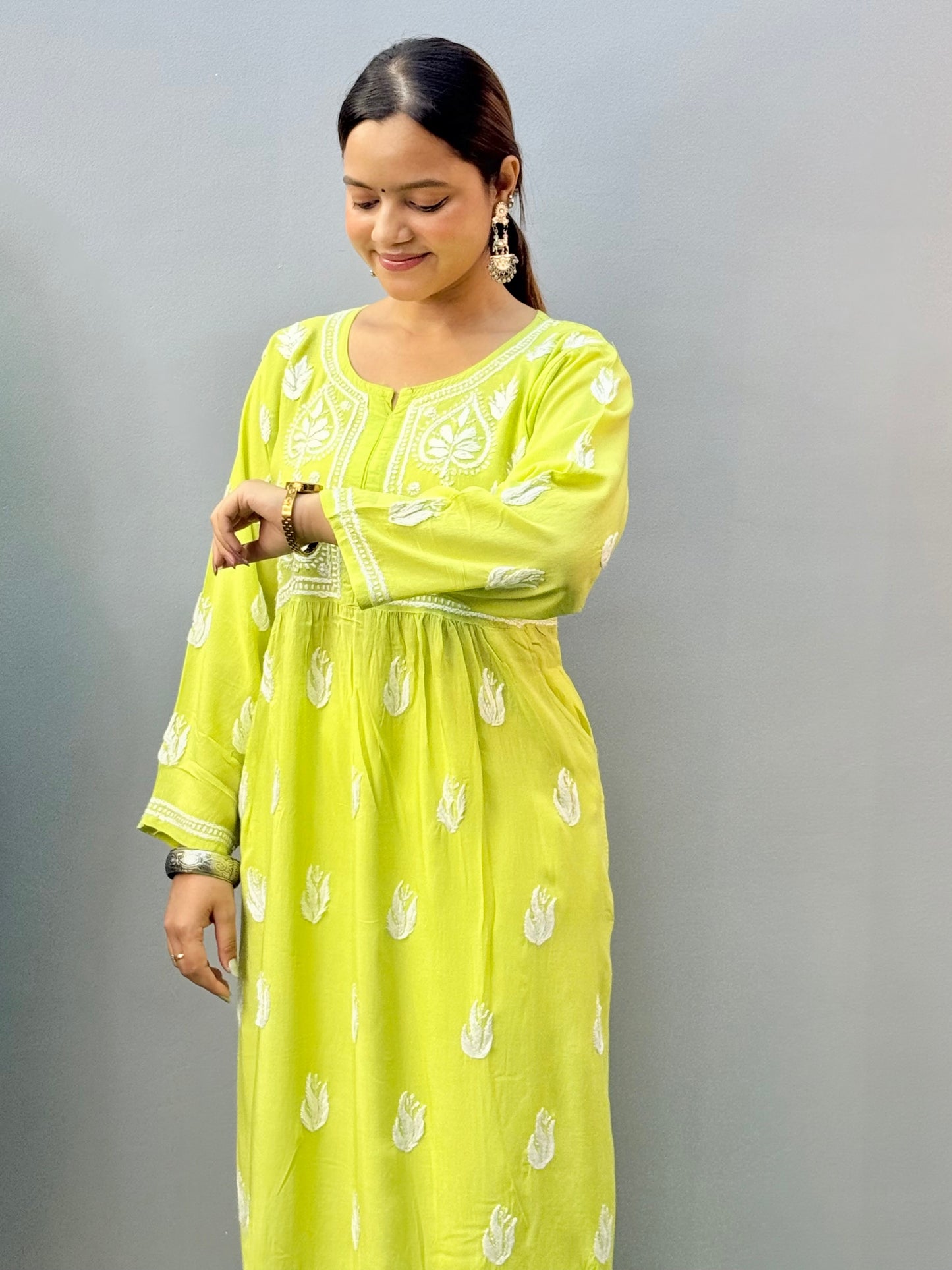 Lucknow Chikankari lime green modal kurta with hand embroidery and both-side pocket design