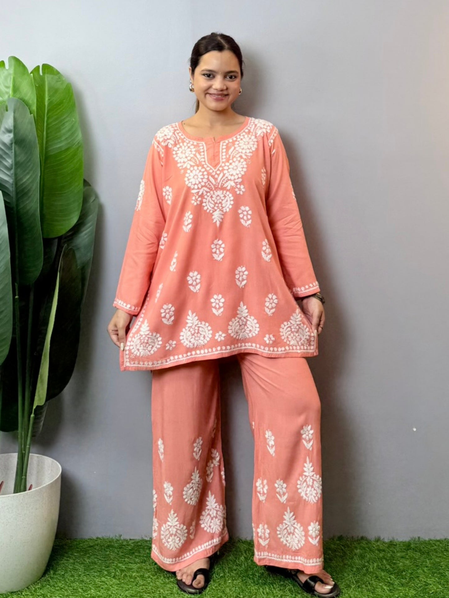 Peach Chikankari co-ord set with short kurta and palazzo in rayon fabric – handcrafted Lucknowi embroidery