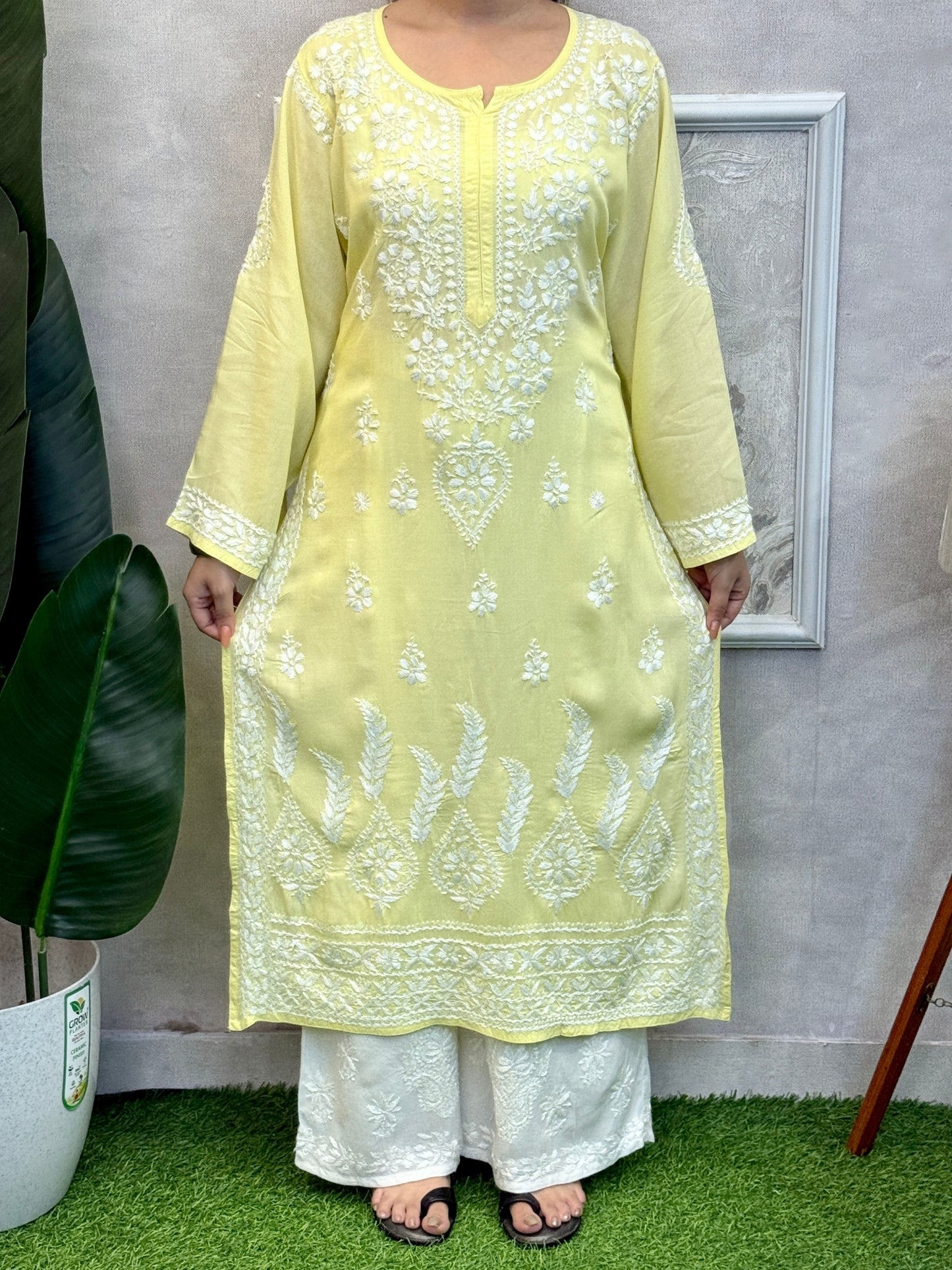 Yellow modal Lucknow Chikankari kurta with hand embroidery, soft and comfortable fabric