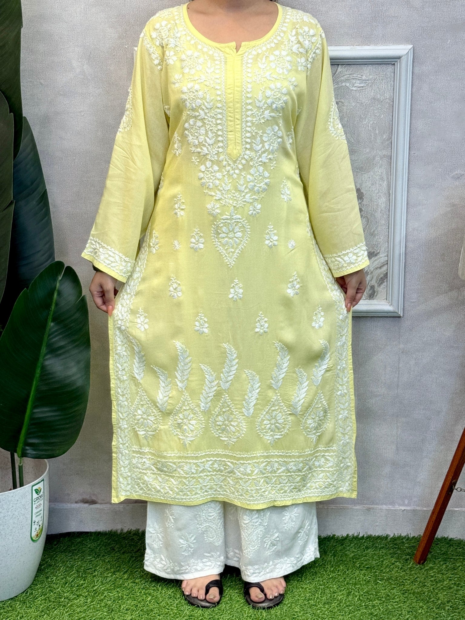 Yellow modal Lucknow Chikankari kurta with hand embroidery, soft and comfortable fabric