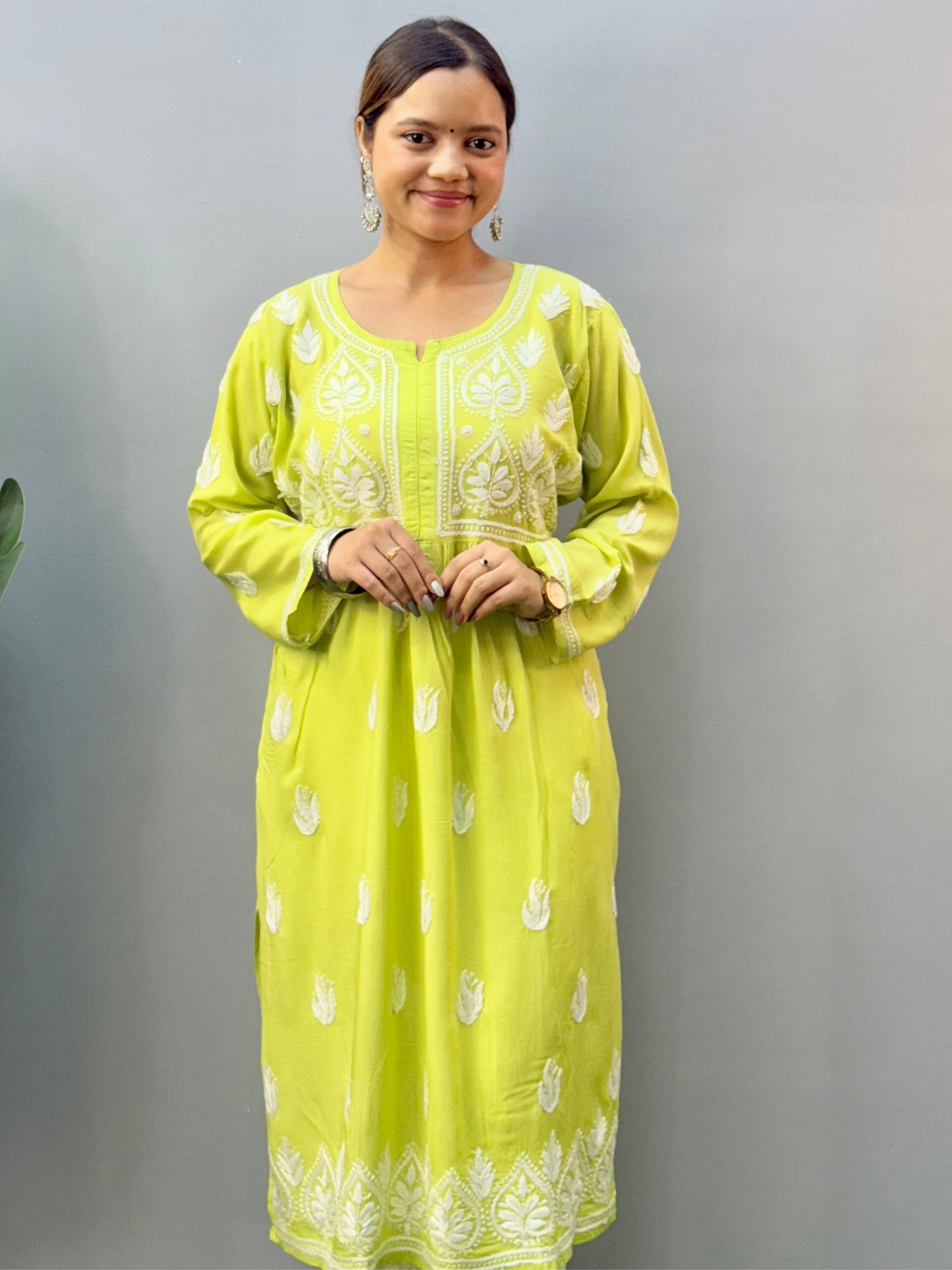 Lucknow Chikankari lime green modal kurta with hand embroidery and both-side pocket design
