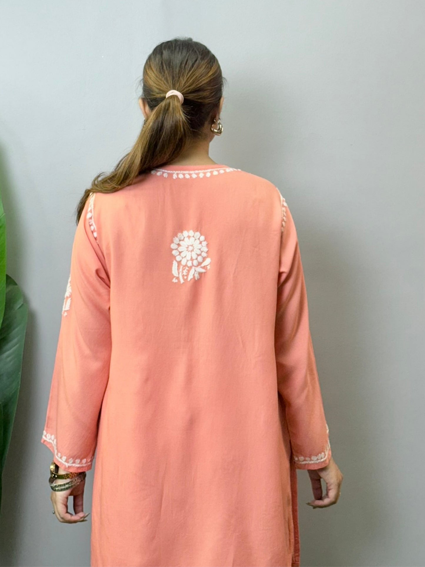 Peach Chikankari co-ord set with short kurta and palazzo in rayon fabric – handcrafted Lucknowi embroidery