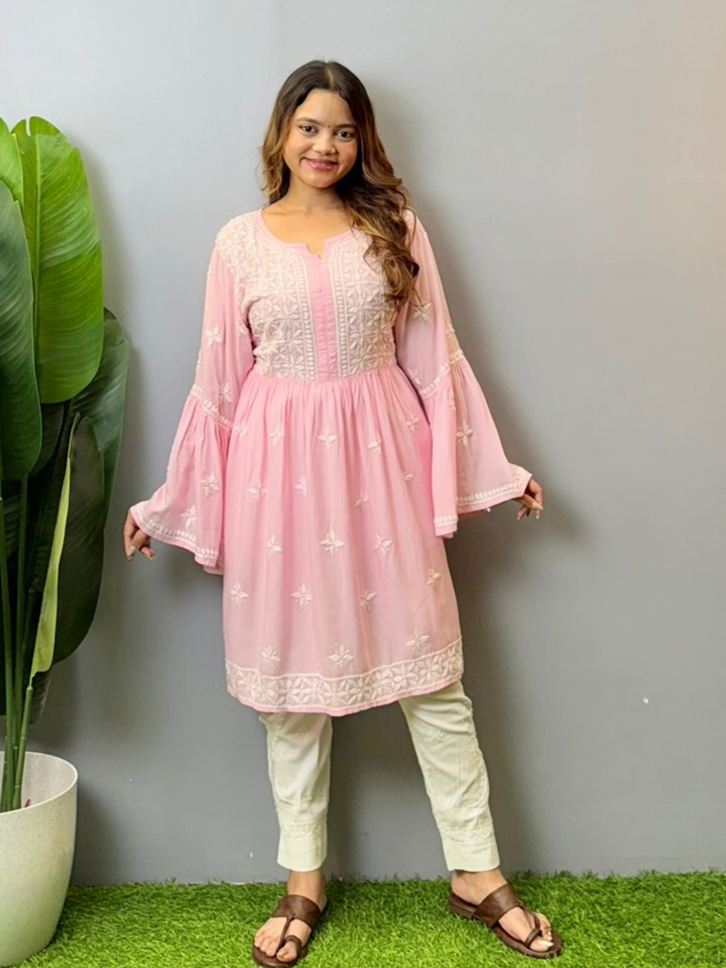 Blush pink modal Lucknowi Chikankari short frock with hand embroidery and bell sleeves, soft and comfortable