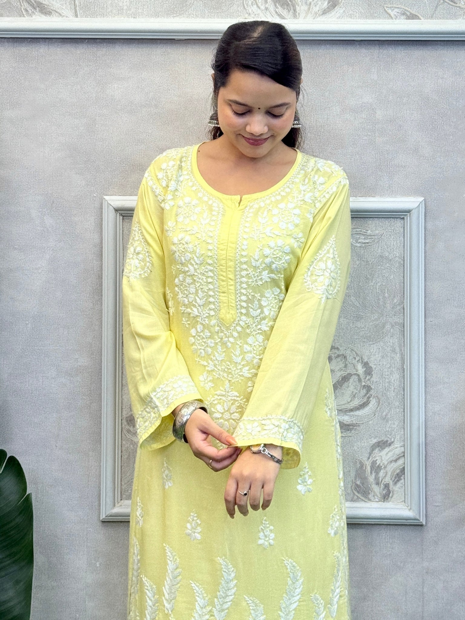 Yellow modal Lucknow Chikankari kurta with hand embroidery, soft and comfortable fabric