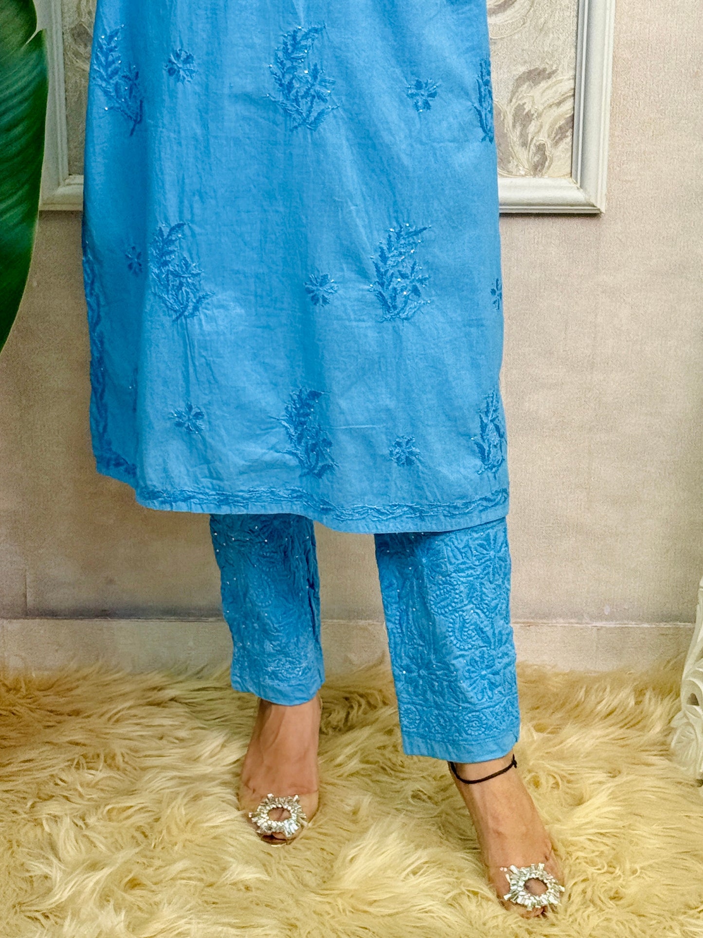 Sky blue cotton chikankari kurta, stretchable pant and chiffon dupatta set with hand embroidery