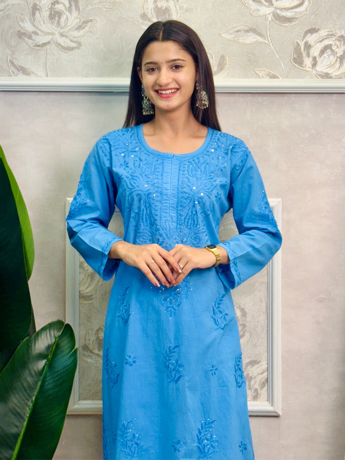 Sky Blue Cotton Chikankari Kurta, Stretchable Pant & Chiffon Dupatta – Hand Embroidered 3-Piece Set