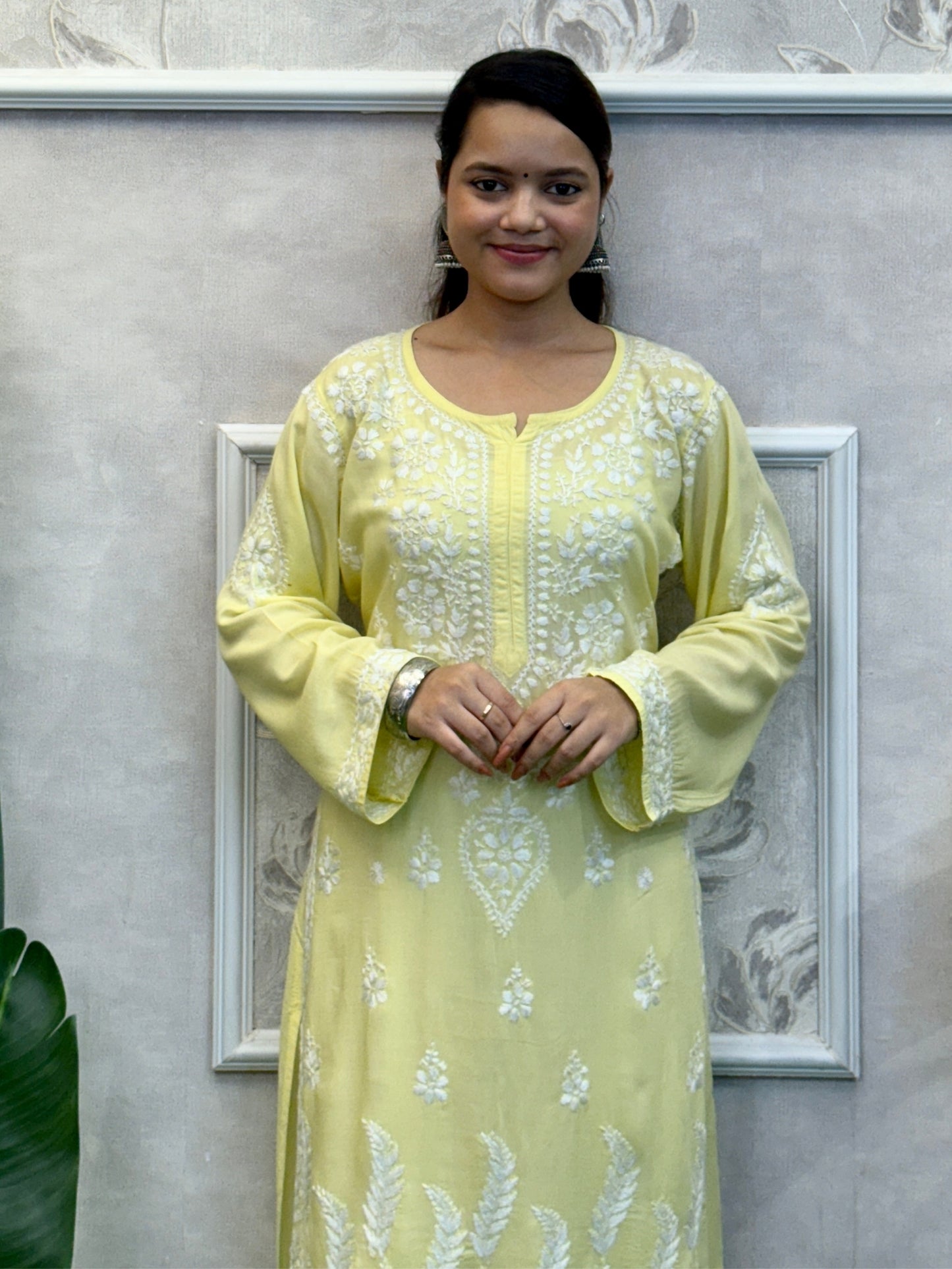 Yellow modal Lucknow Chikankari kurta with hand embroidery, soft and comfortable fabric
