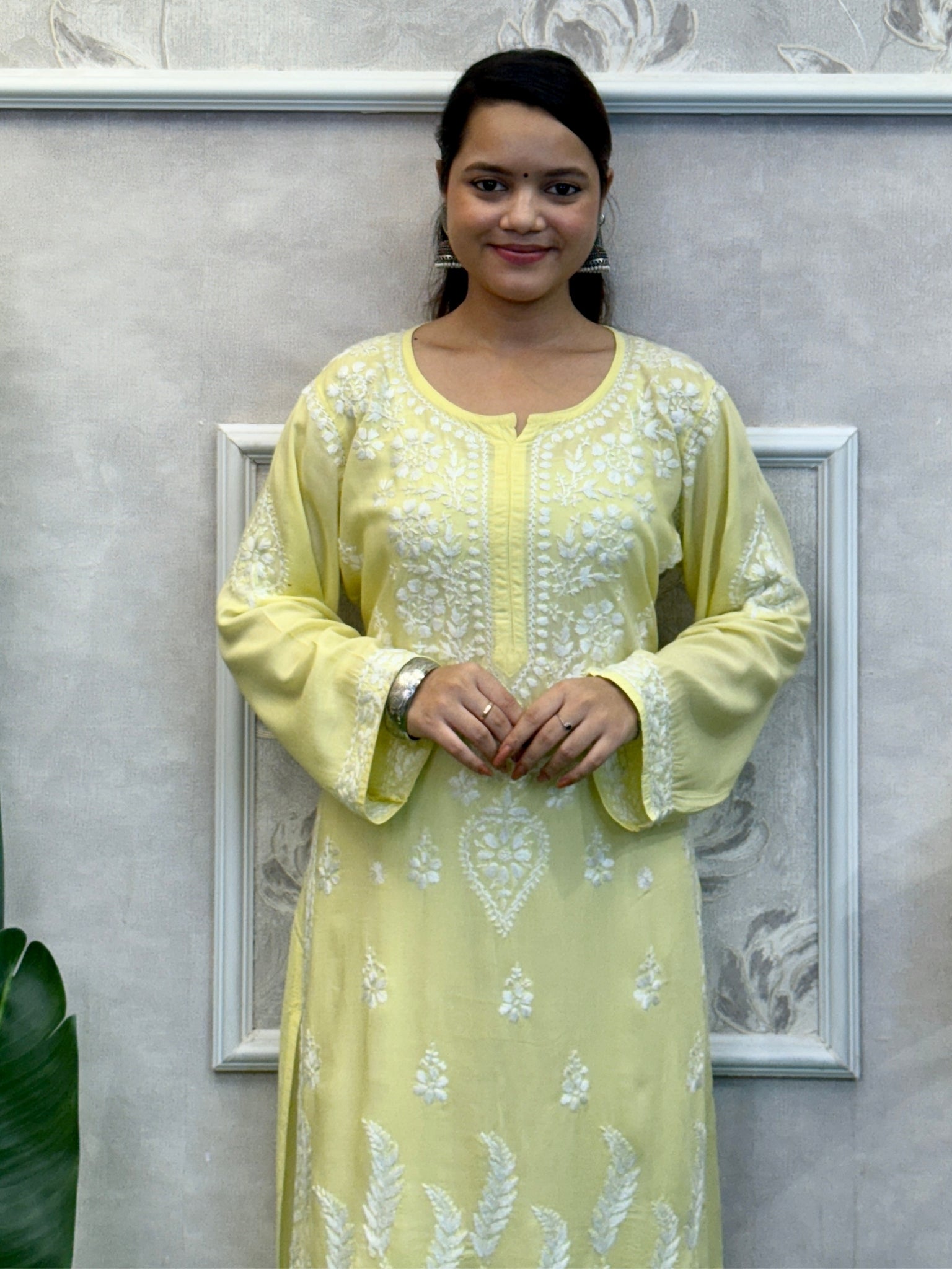Yellow modal Lucknow Chikankari kurta with hand embroidery, soft and comfortable fabric