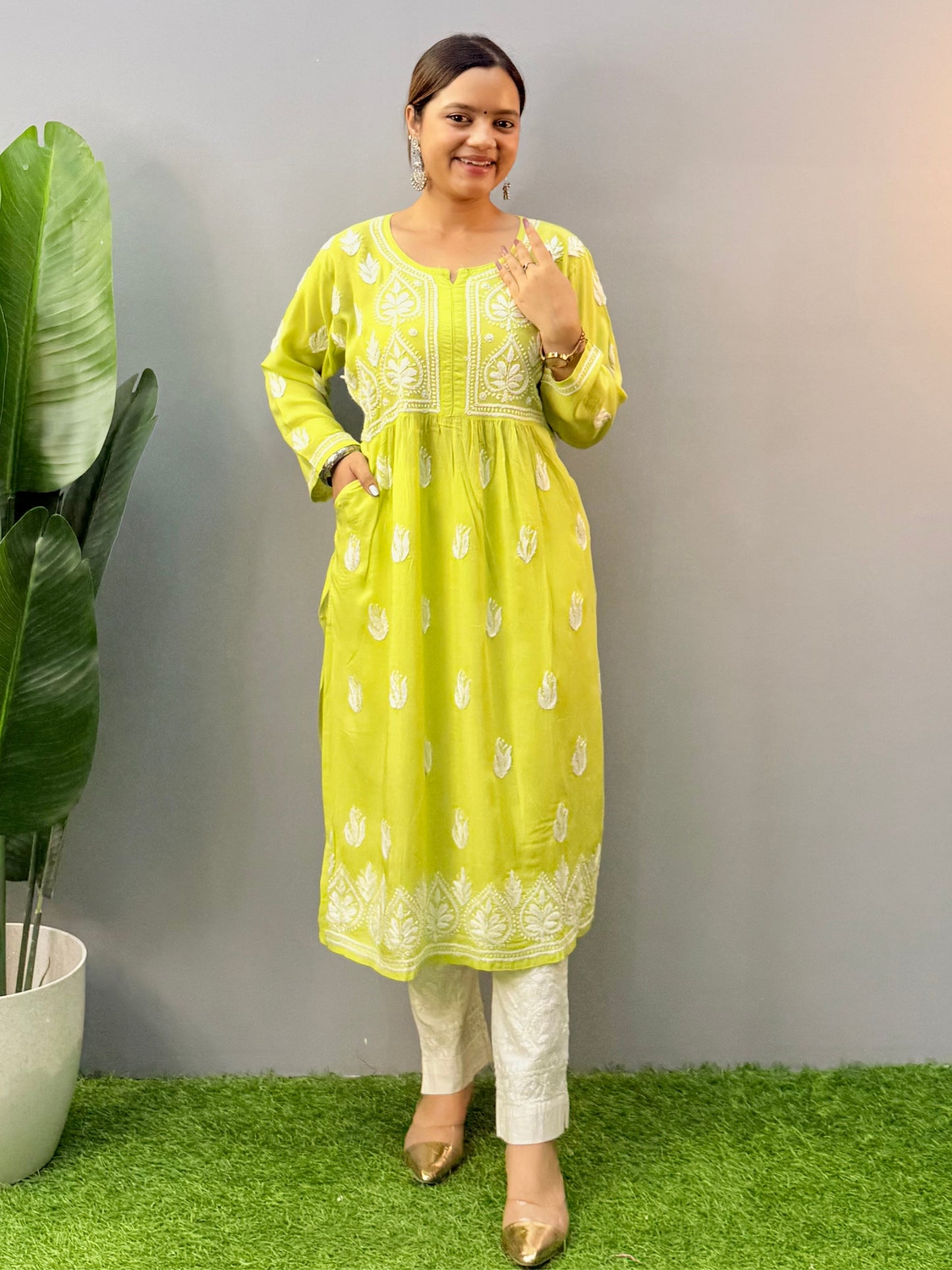 Lucknow Chikankari lime green modal kurta with hand embroidery and both-side pocket design
