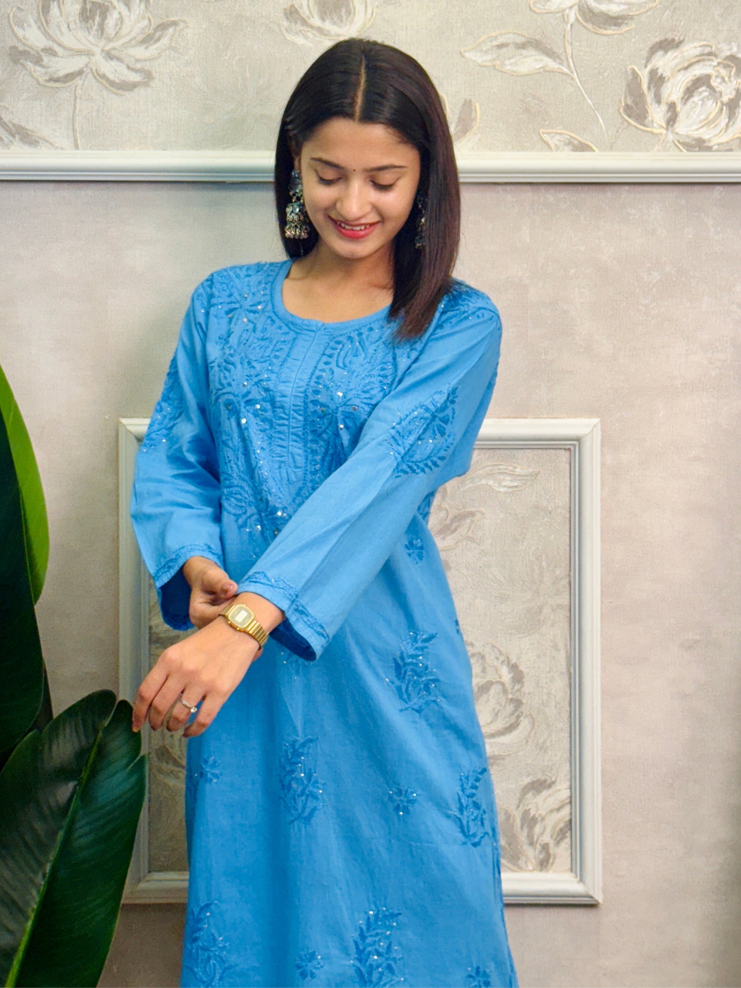 Sky blue cotton chikankari kurta, stretchable pant and chiffon dupatta set with hand embroidery
