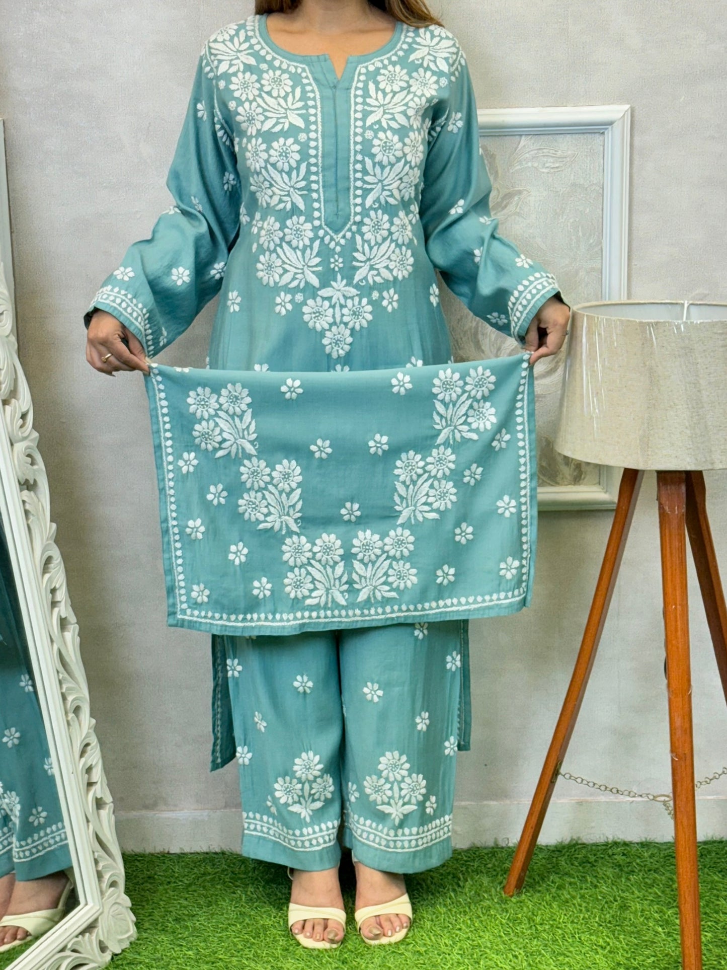 Teal blue Norway silk Lucknowi Chikankari kurta and pant set with white hand embroidery