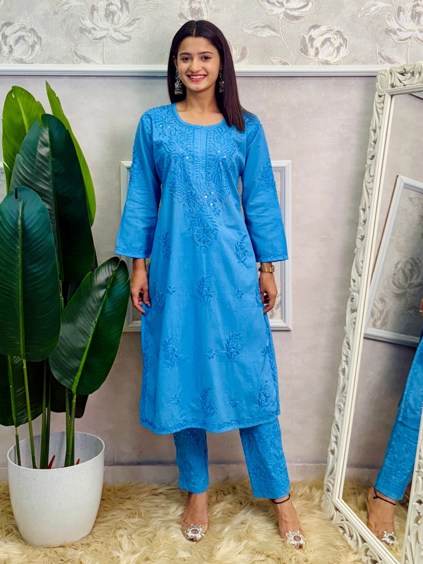 Sky blue cotton chikankari kurta, stretchable pant and chiffon dupatta set with hand embroidery