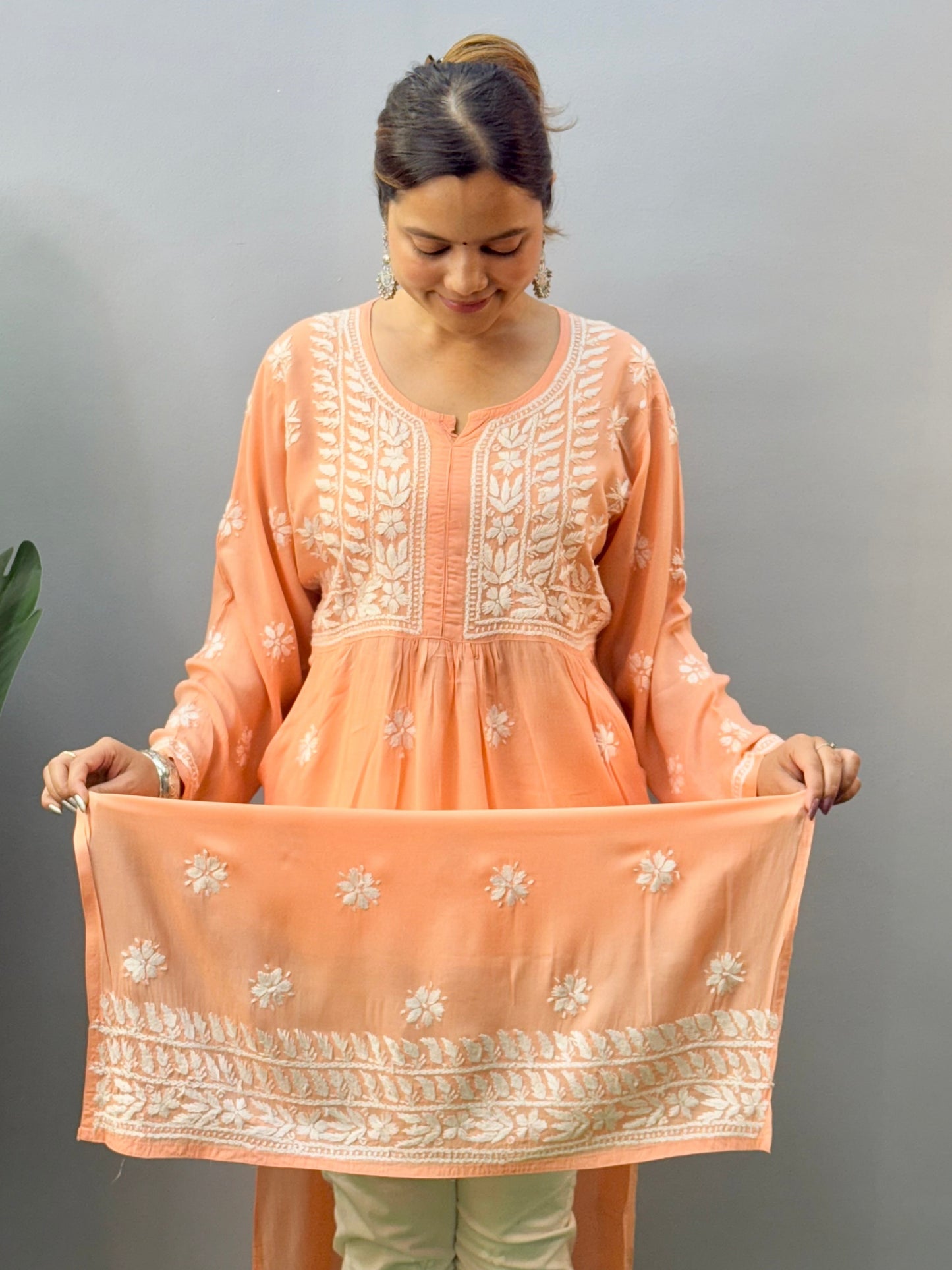 Peach Modal Lucknow Chikankari Kurta with hand embroidery and both side pockets