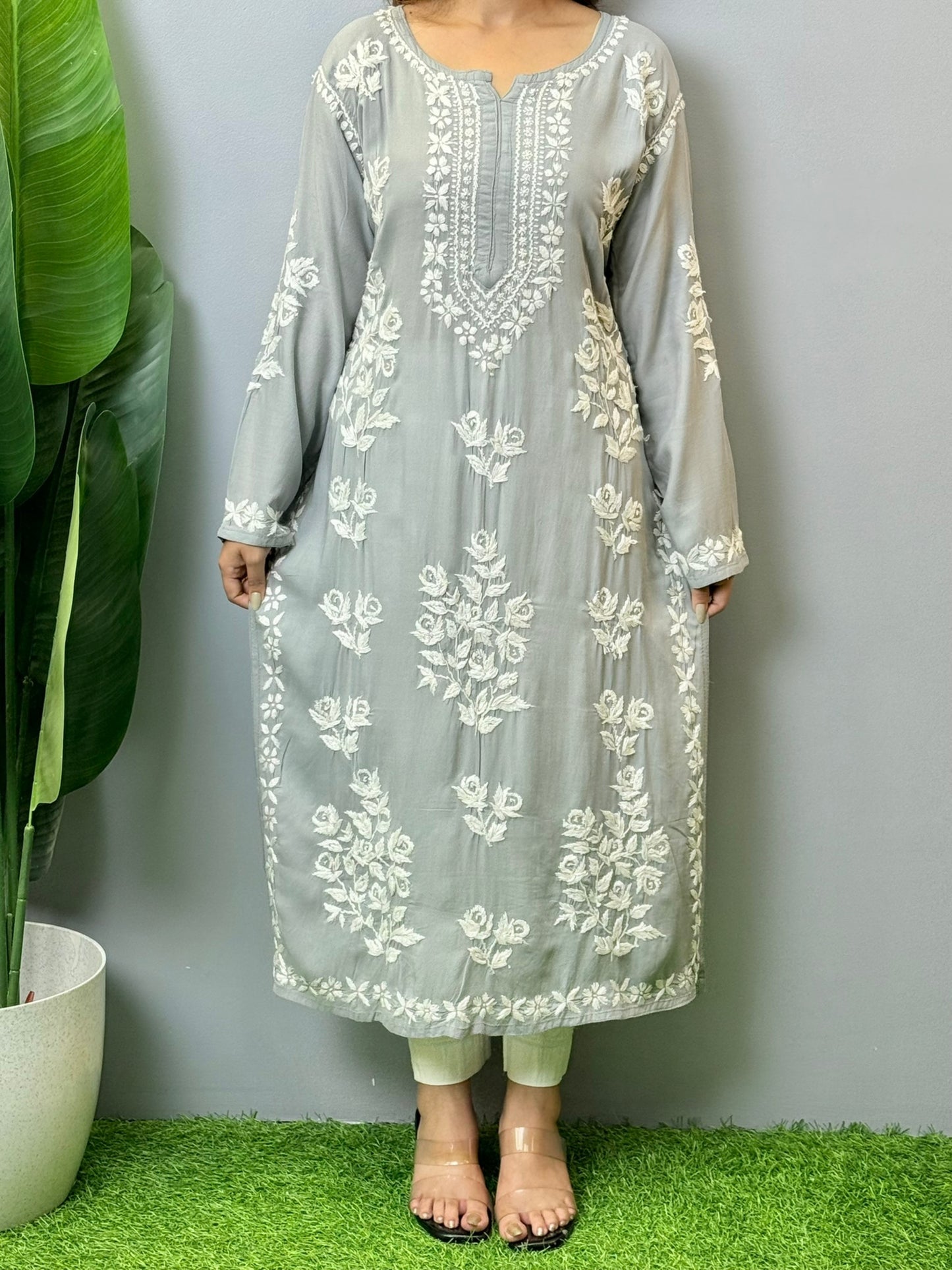 Steel grey modal Lucknowi Chikankari kurta with hand embroidery, premium quality, soft and comfortable