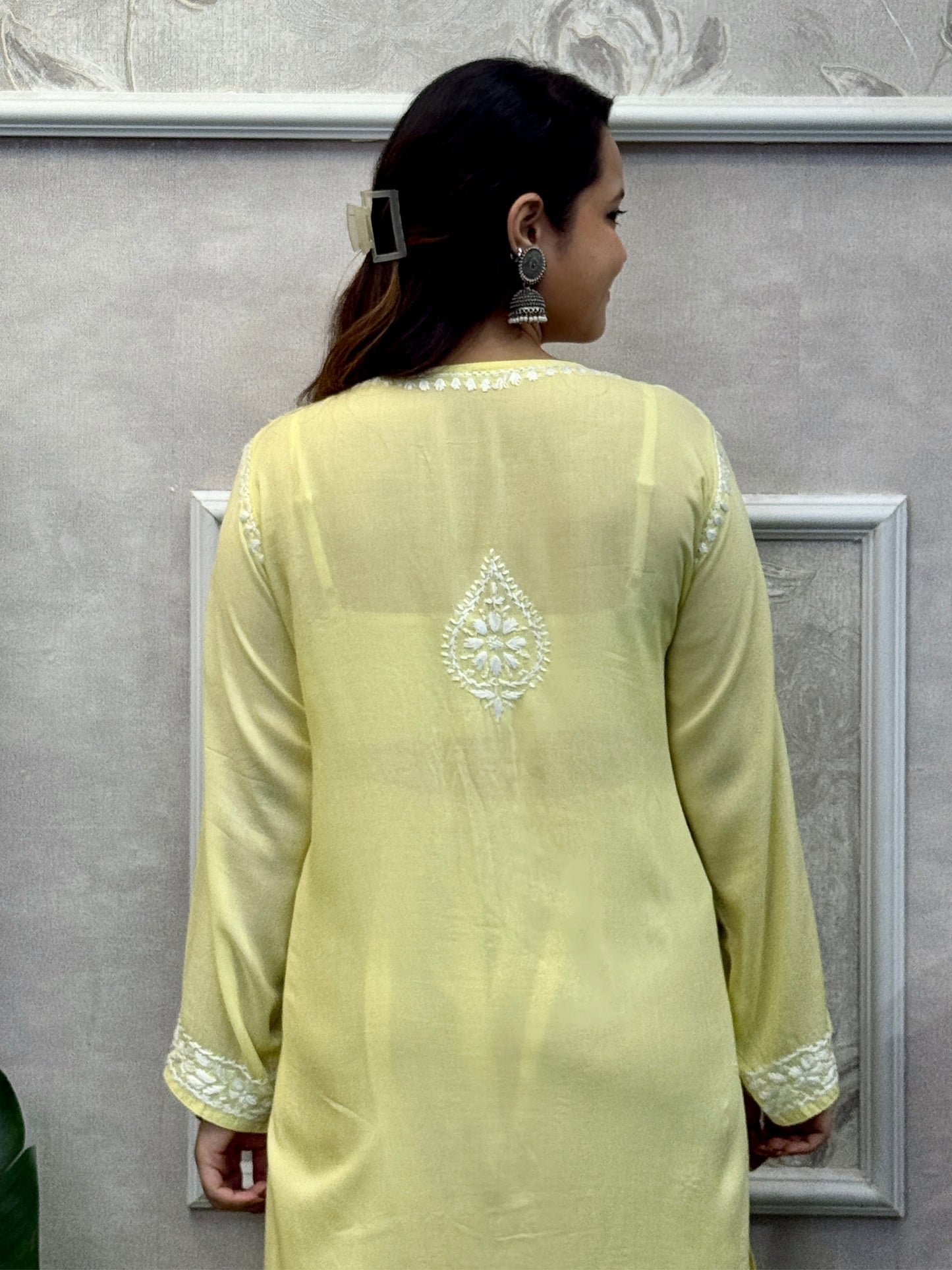 Yellow modal Lucknow Chikankari kurta with hand embroidery, soft and comfortable fabric