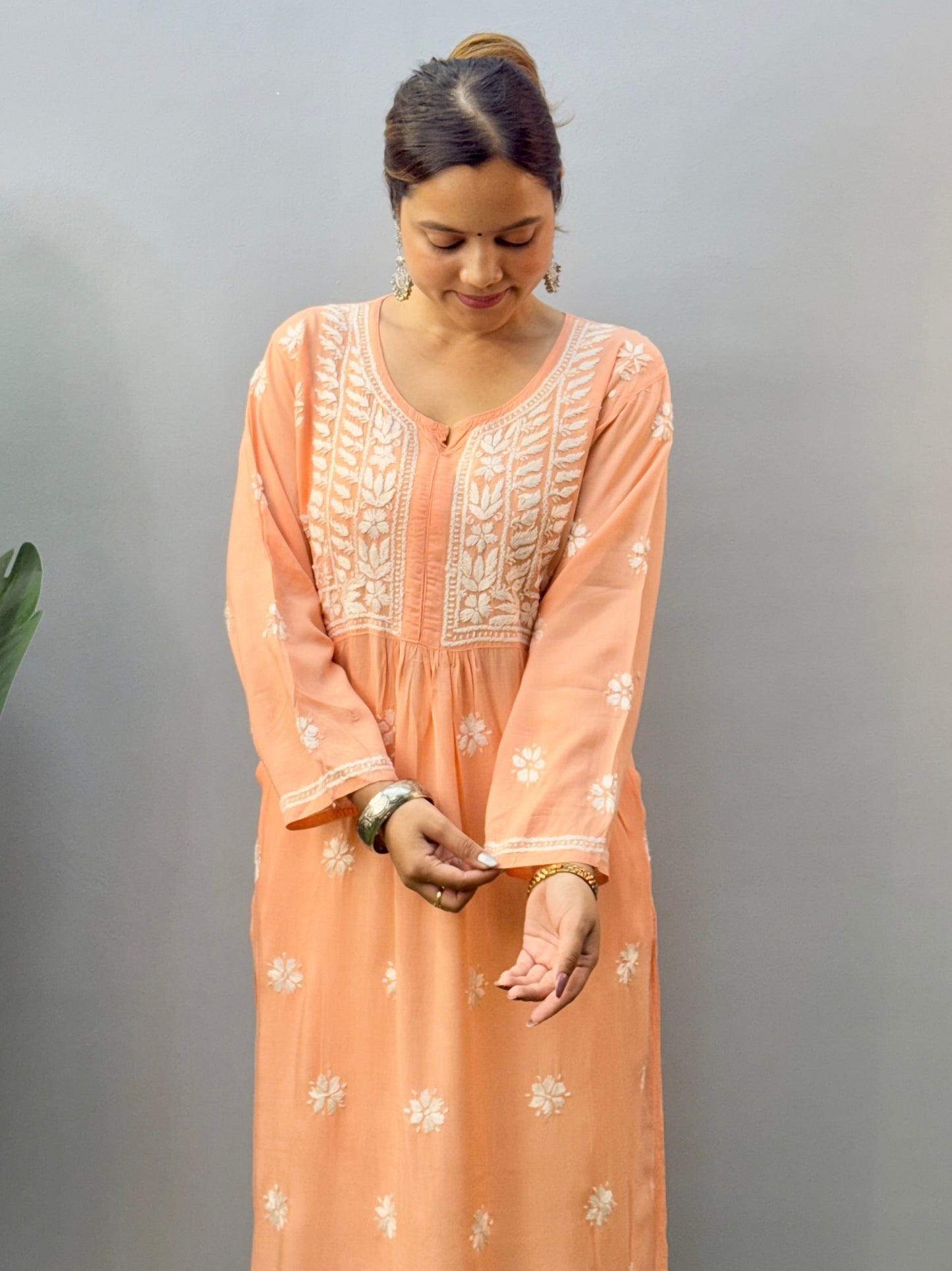 Peach Modal Lucknow Chikankari Kurta with hand embroidery and both side pockets