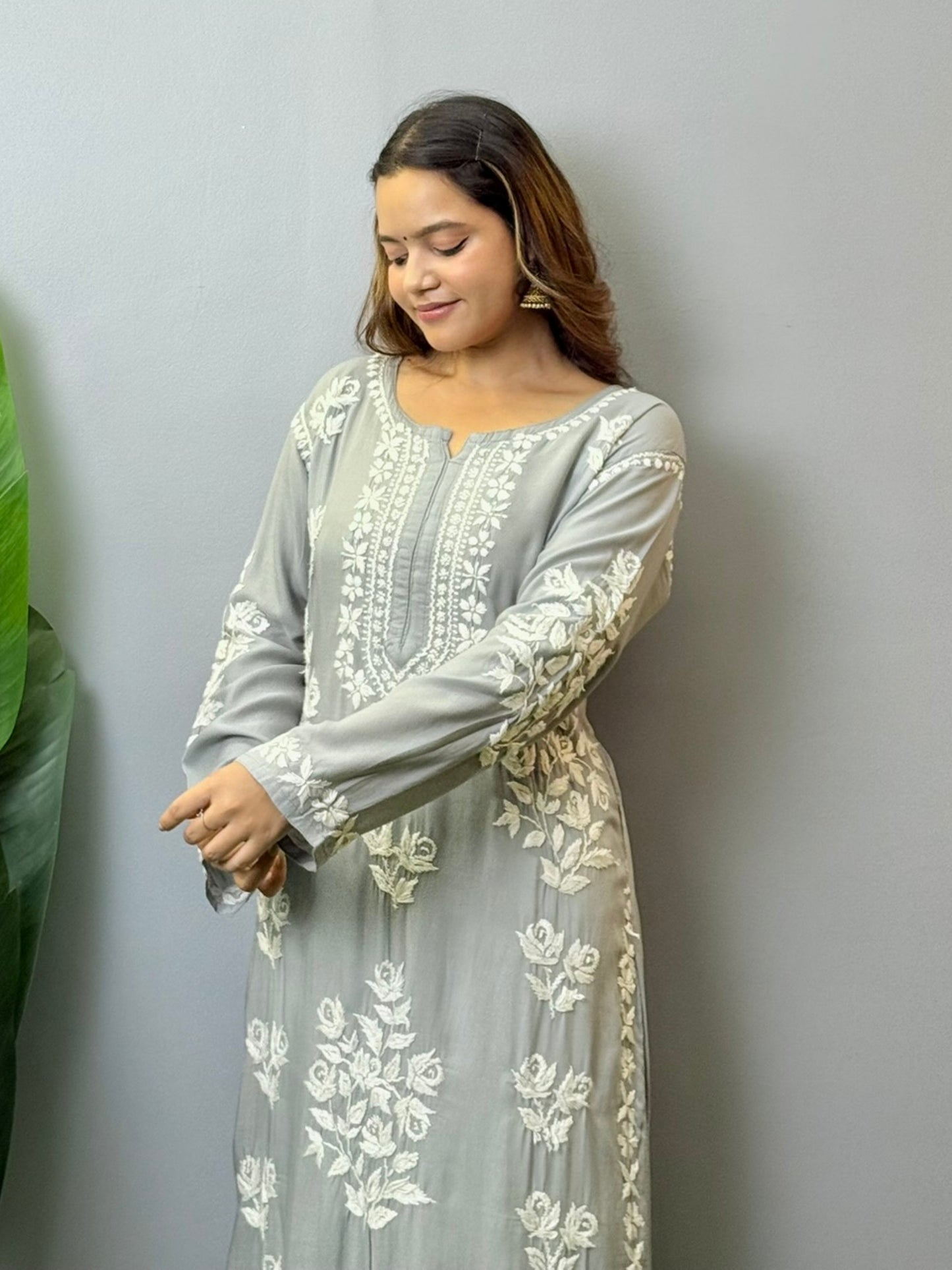 Steel grey modal Lucknowi Chikankari kurta with hand embroidery, premium quality, soft and comfortable