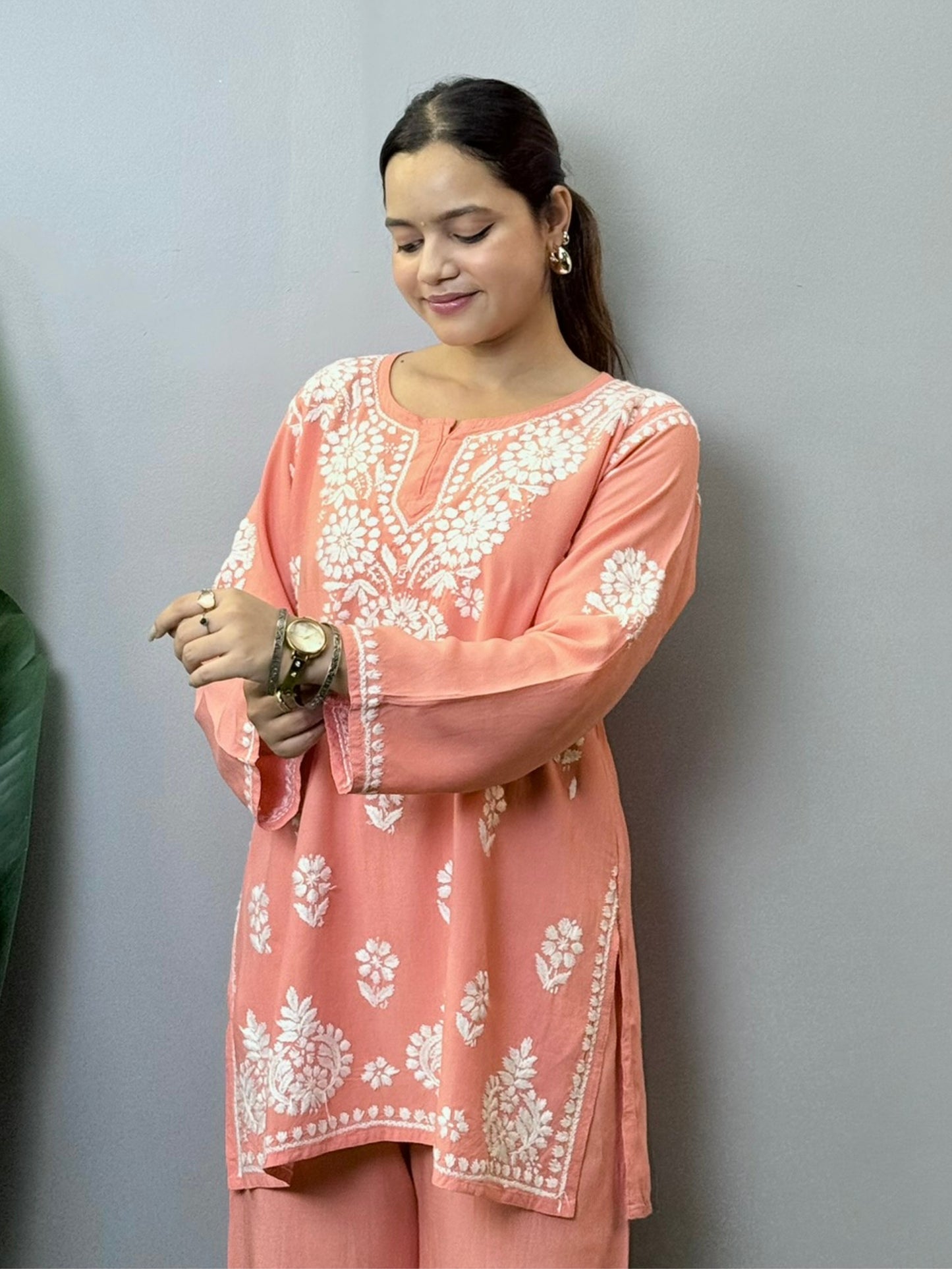 Peach Chikankari co-ord set with short kurta and palazzo in rayon fabric – handcrafted Lucknowi embroidery