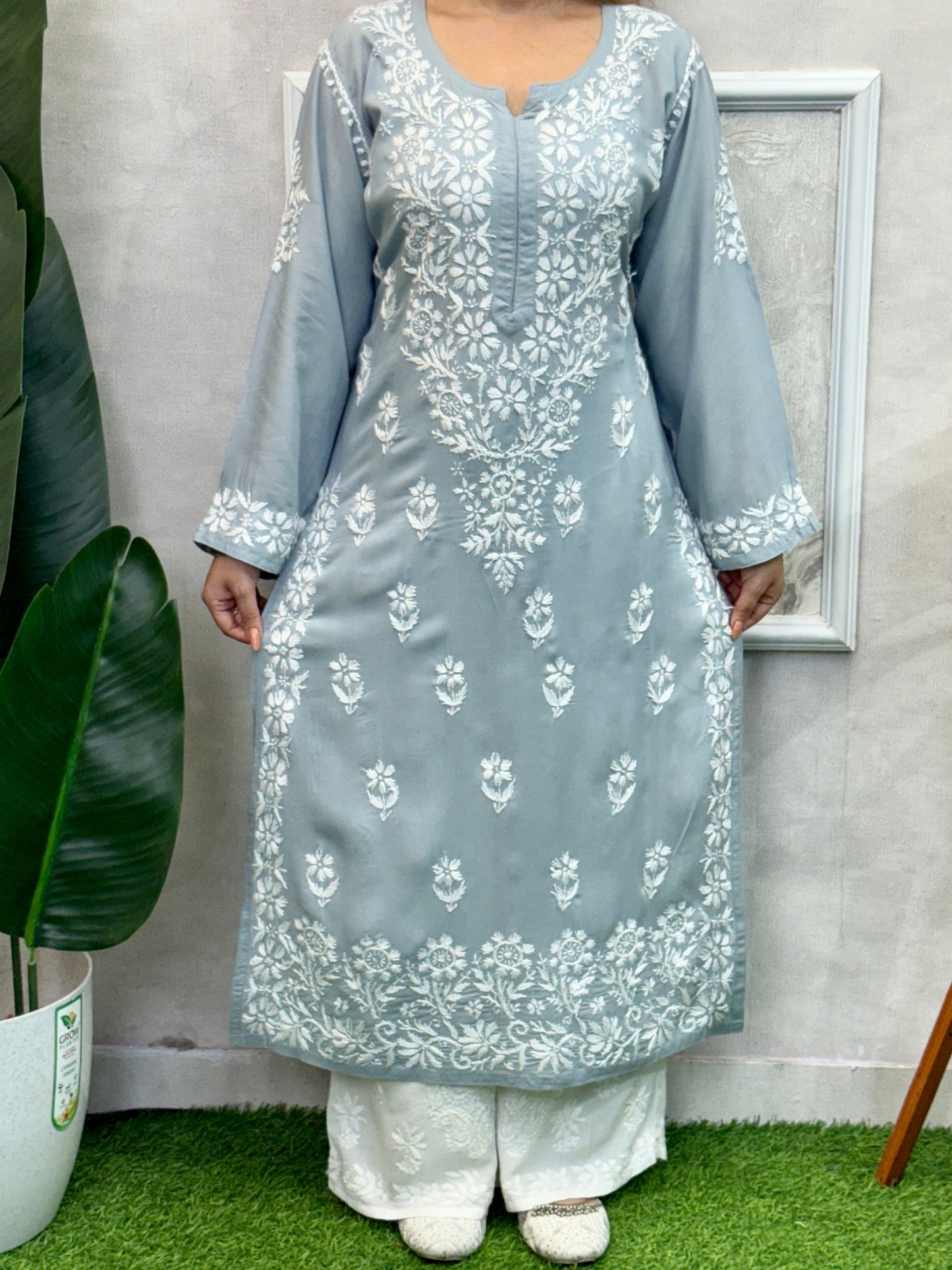 Grey modal fabric Lucknow Chikankari kurta with delicate white hand embroidery, soft and comfortable.