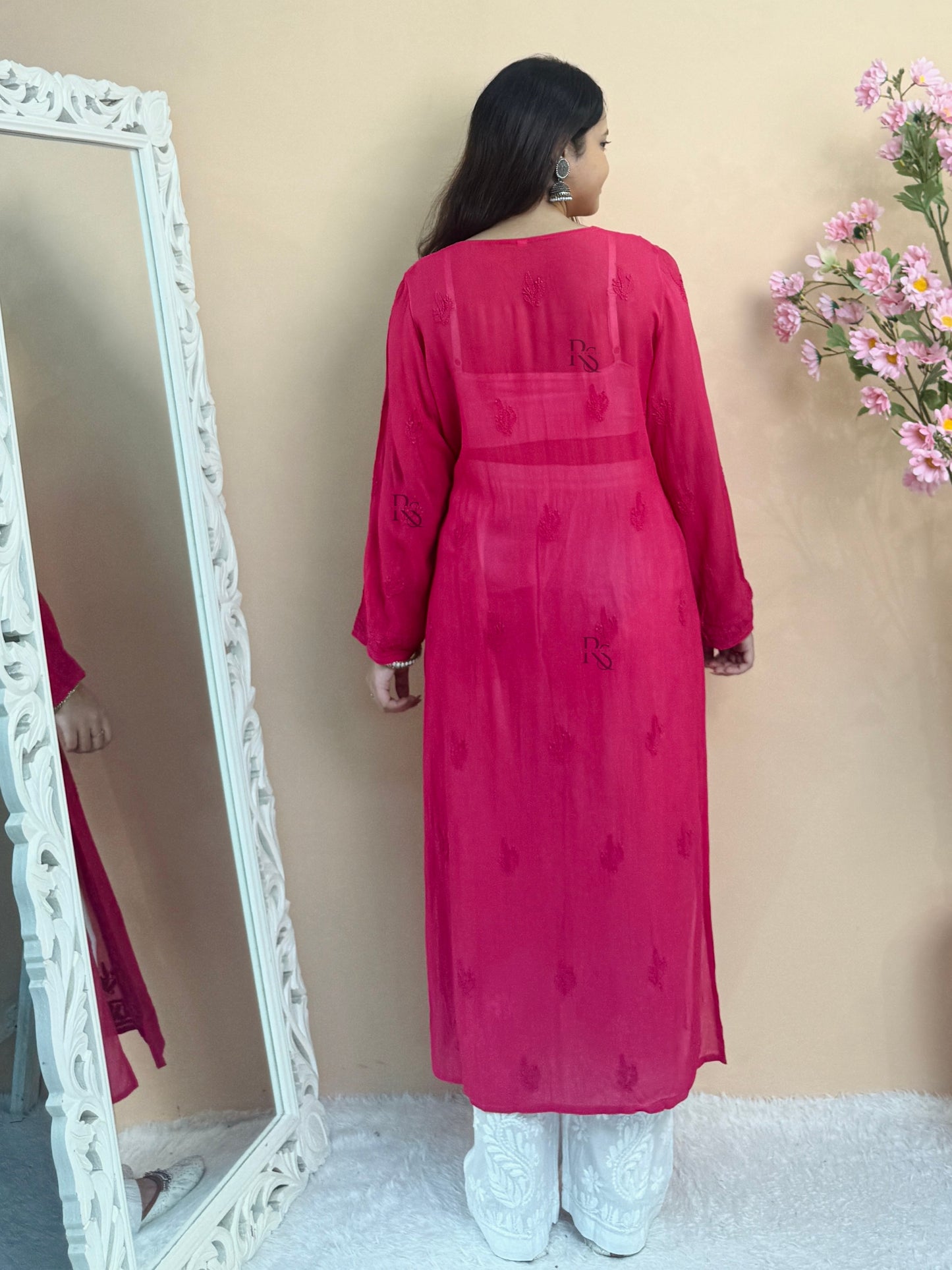 Pink Lucknow chikankari viscose kurta with hand embroidery in transy fabric