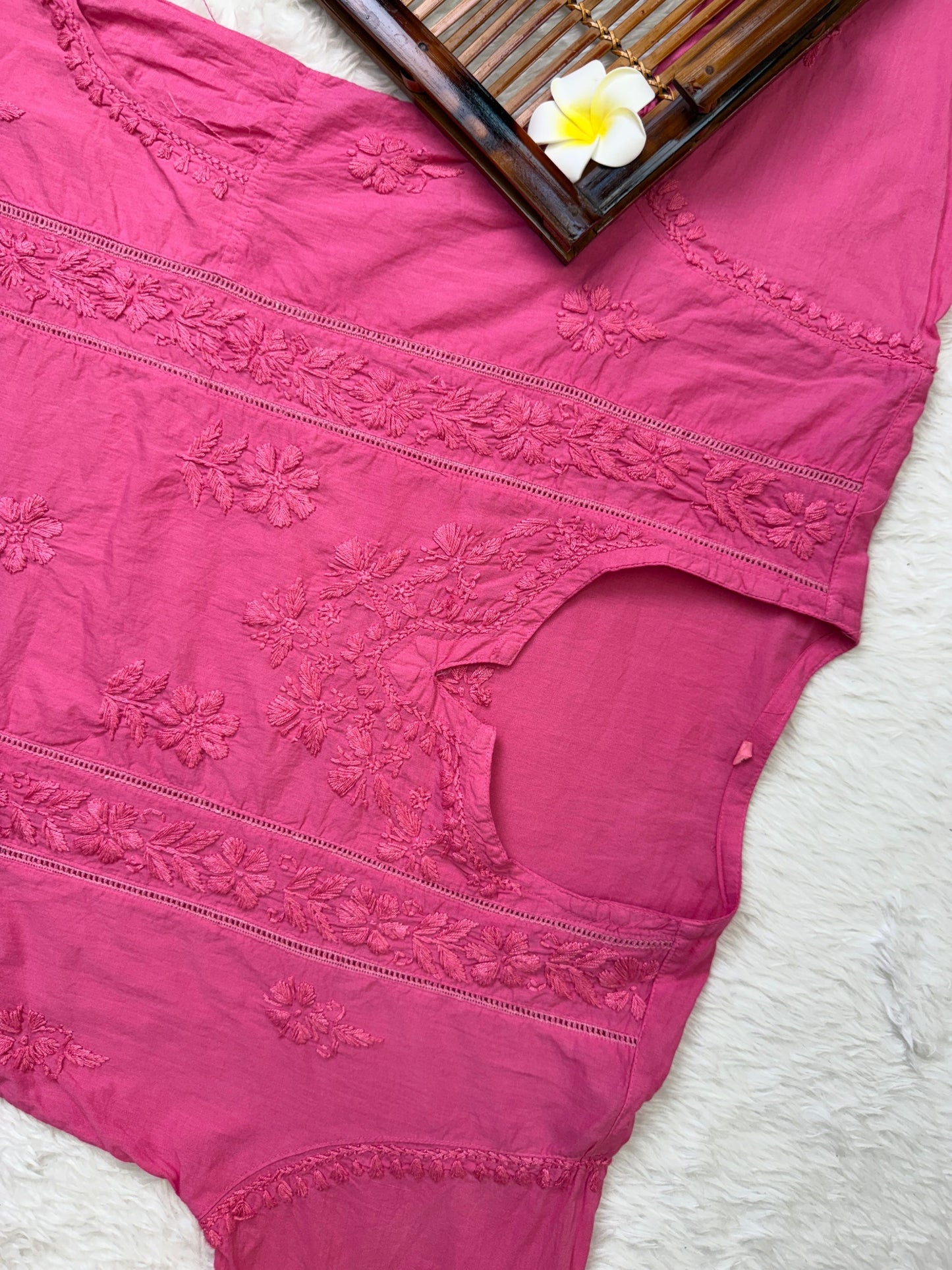 Pink cotton chikankari pocket style short kurta with pant and hand embroidery