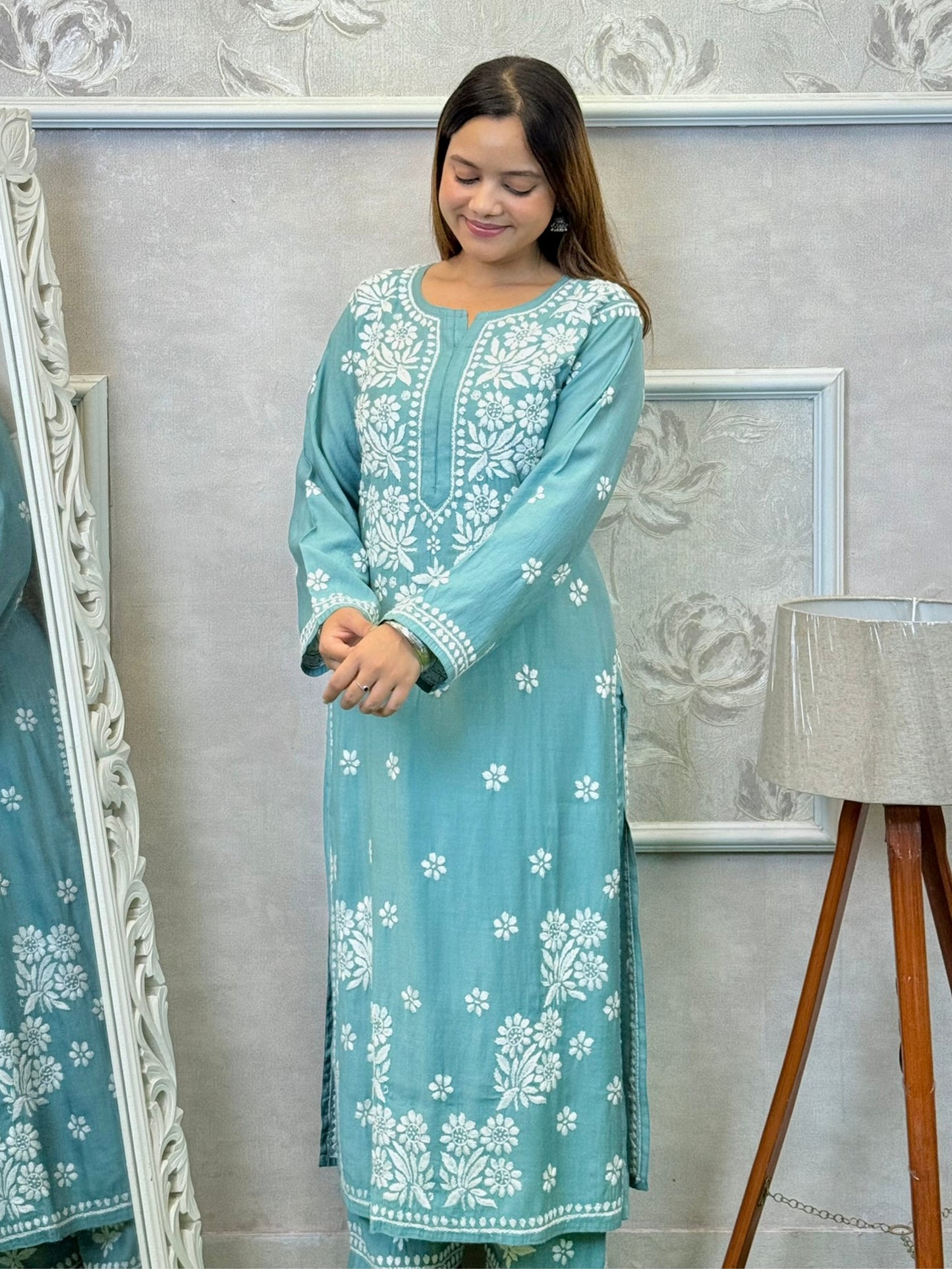 Teal blue Norway silk Lucknowi Chikankari kurta and pant set with white hand embroidery
