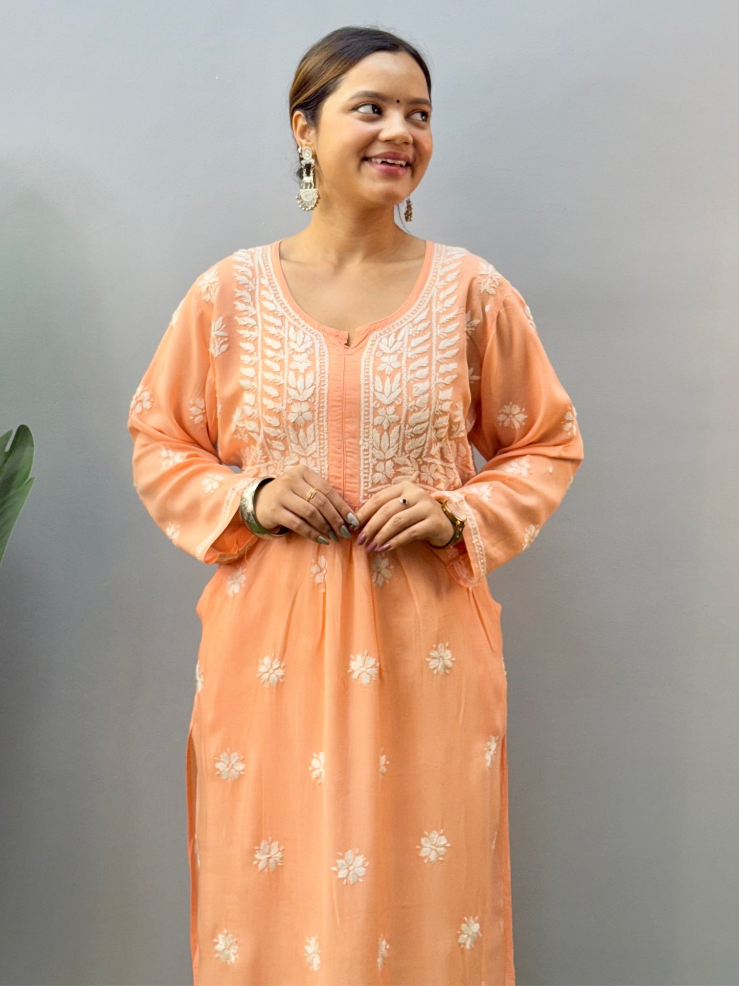 Peach Modal Lucknow Chikankari Kurta with hand embroidery and both side pockets