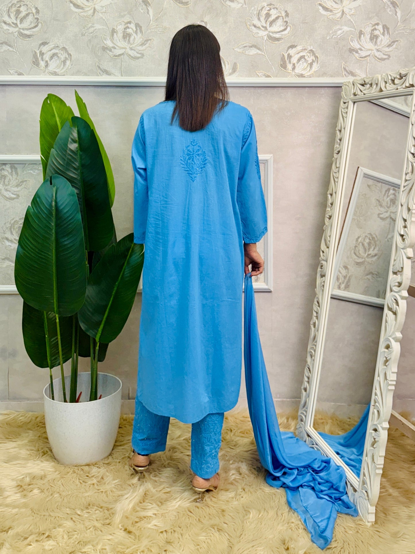 Sky blue cotton chikankari kurta, stretchable pant and chiffon dupatta set with hand embroidery
