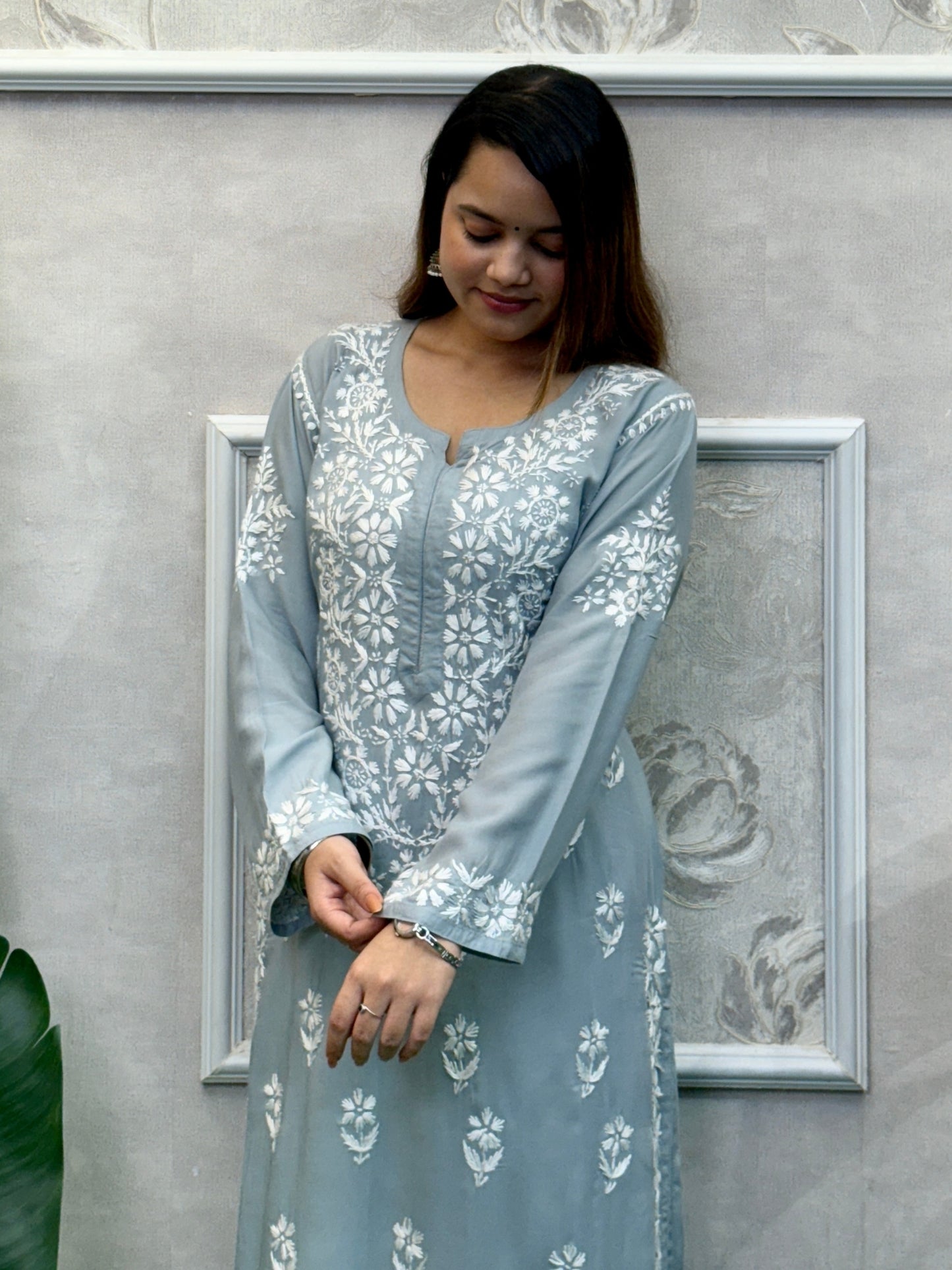 Grey modal fabric Lucknow Chikankari kurta with delicate white hand embroidery, soft and comfortable.