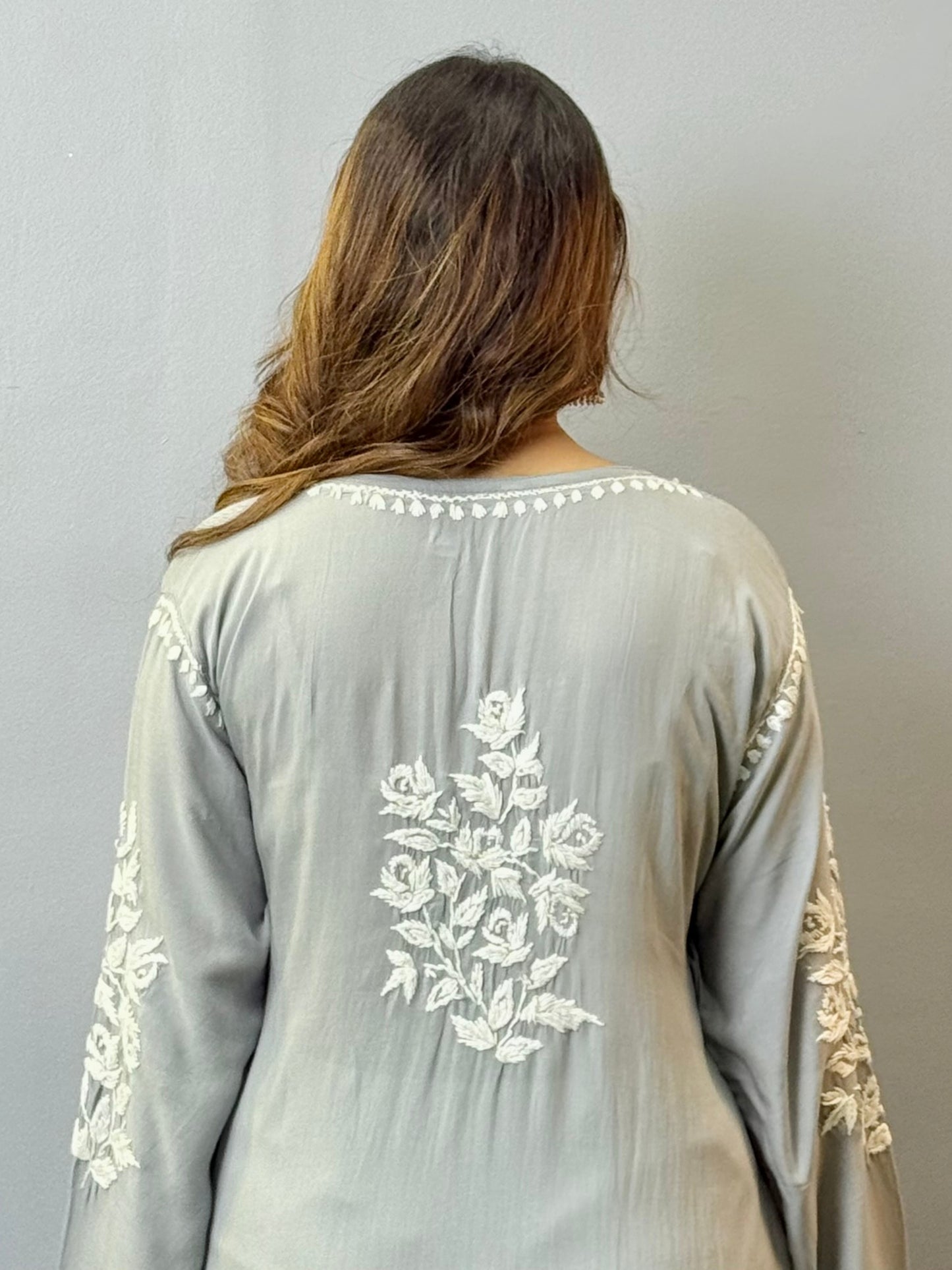 Steel grey modal Lucknowi Chikankari kurta with hand embroidery, premium quality, soft and comfortable