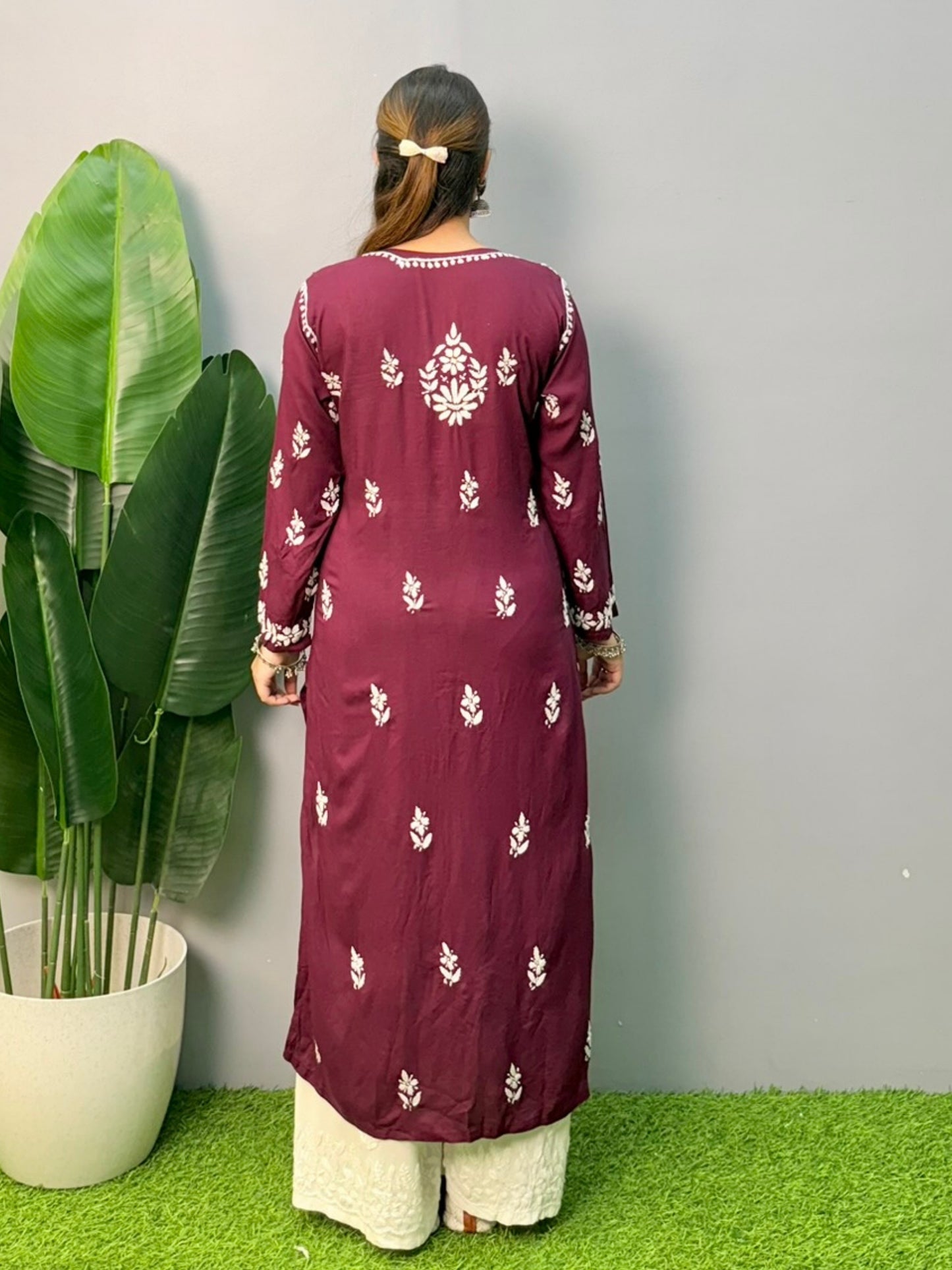 Maroon modal chikankari kurta with white hand embroidery – soft and comfortable